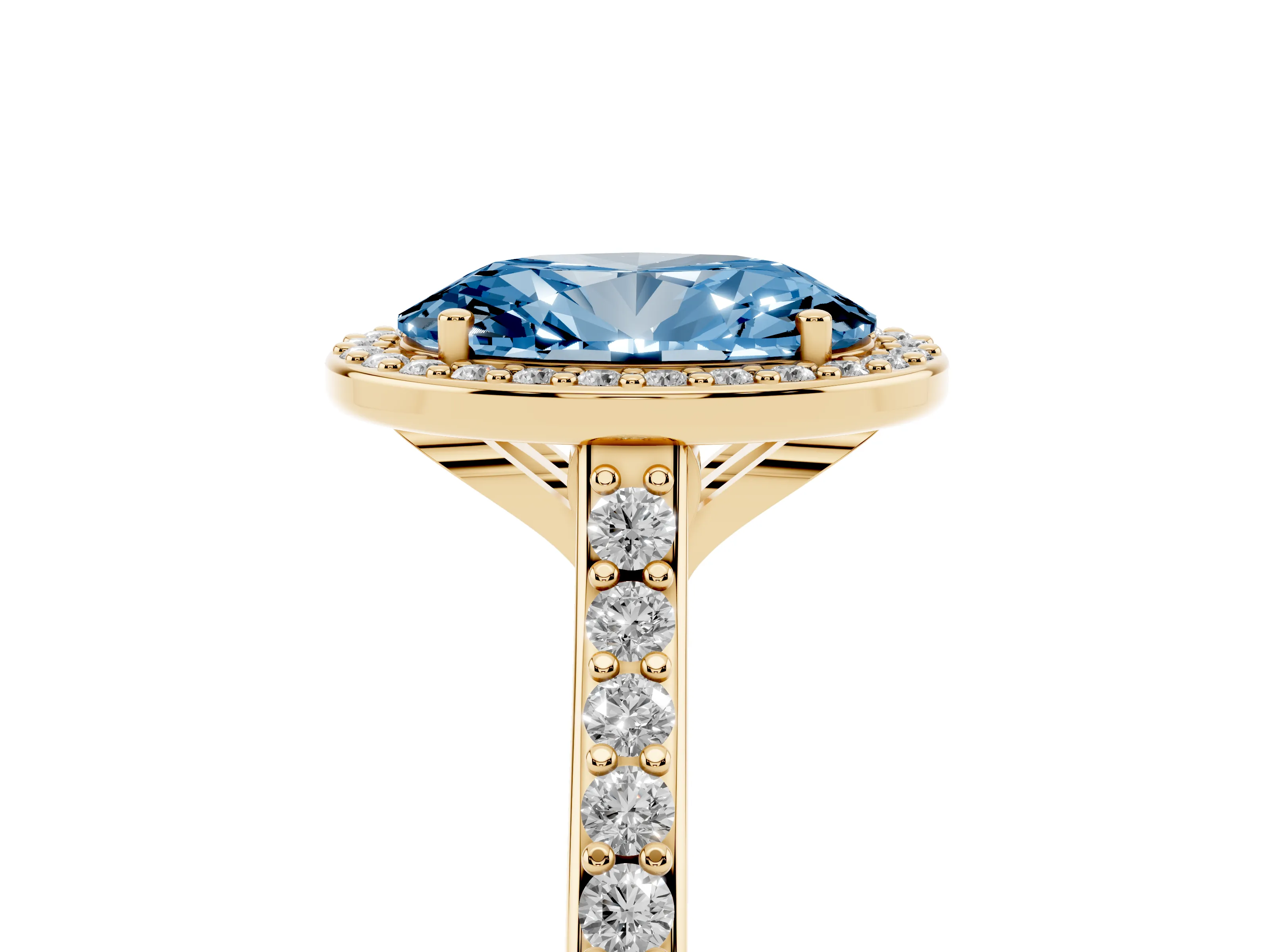 Fancy Blue Oval Cut Diamond Halo Engagement Ring Set in Yellow gold with Round Pavé Shoulders and Heart Gallery