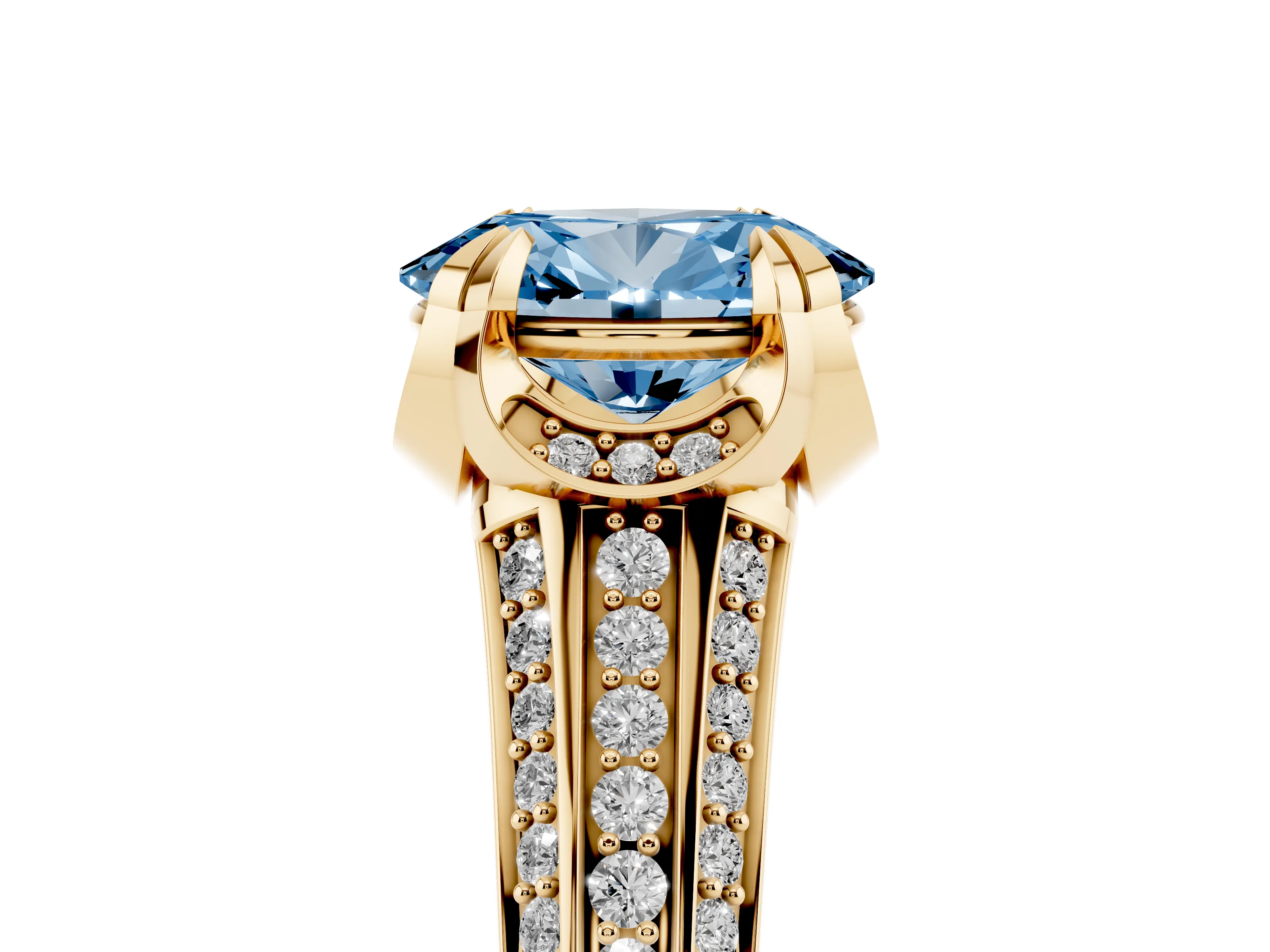 Fancy Blue Oval Cut Diamond Pavé Split Shank Solitaire Ring Set in Yellow gold with Prong Setting