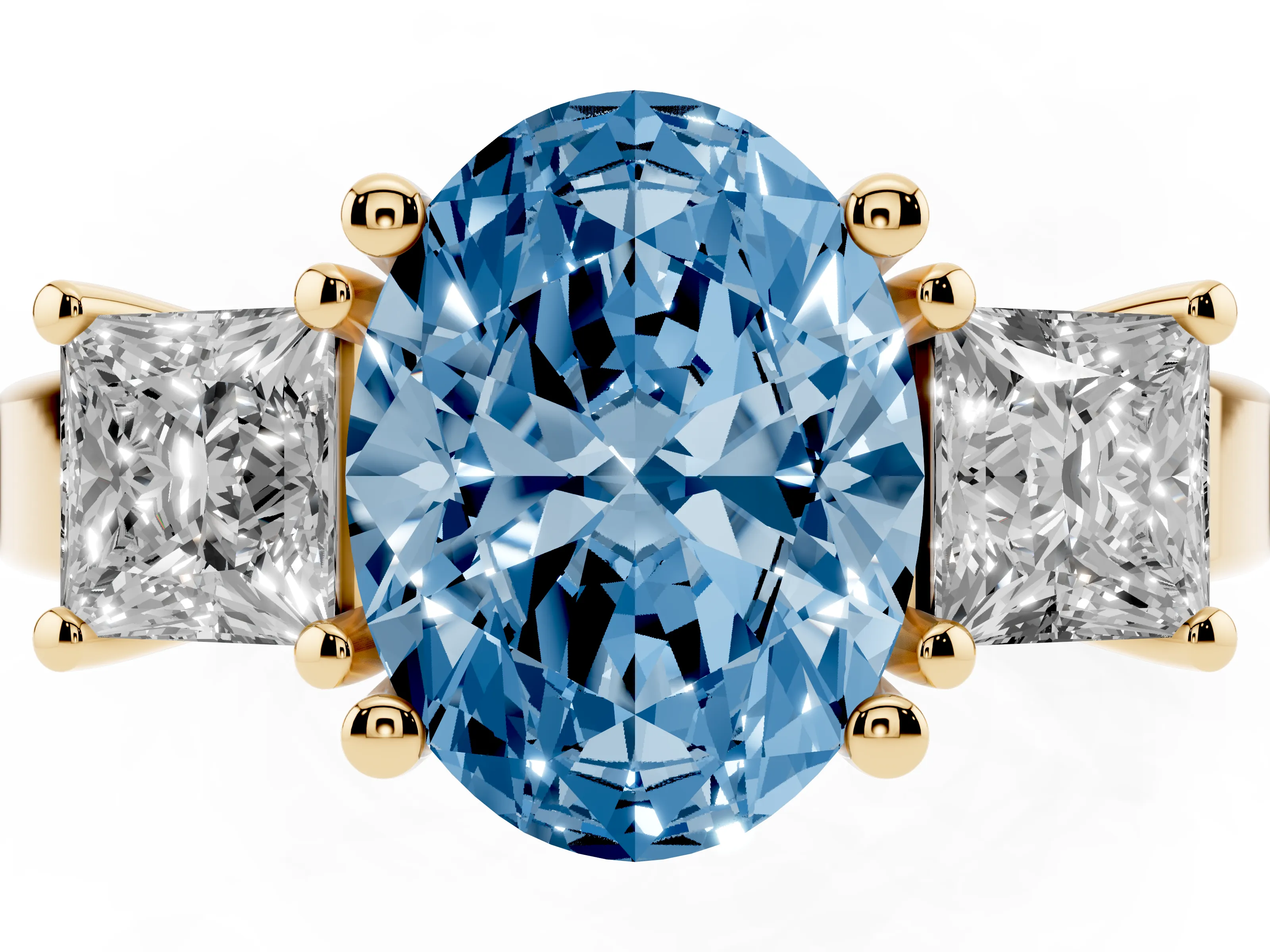 Fancy Blue Three-Stone Oval Cut Diamond Solitaire Ring Set in Yellow gold with Prong Setting