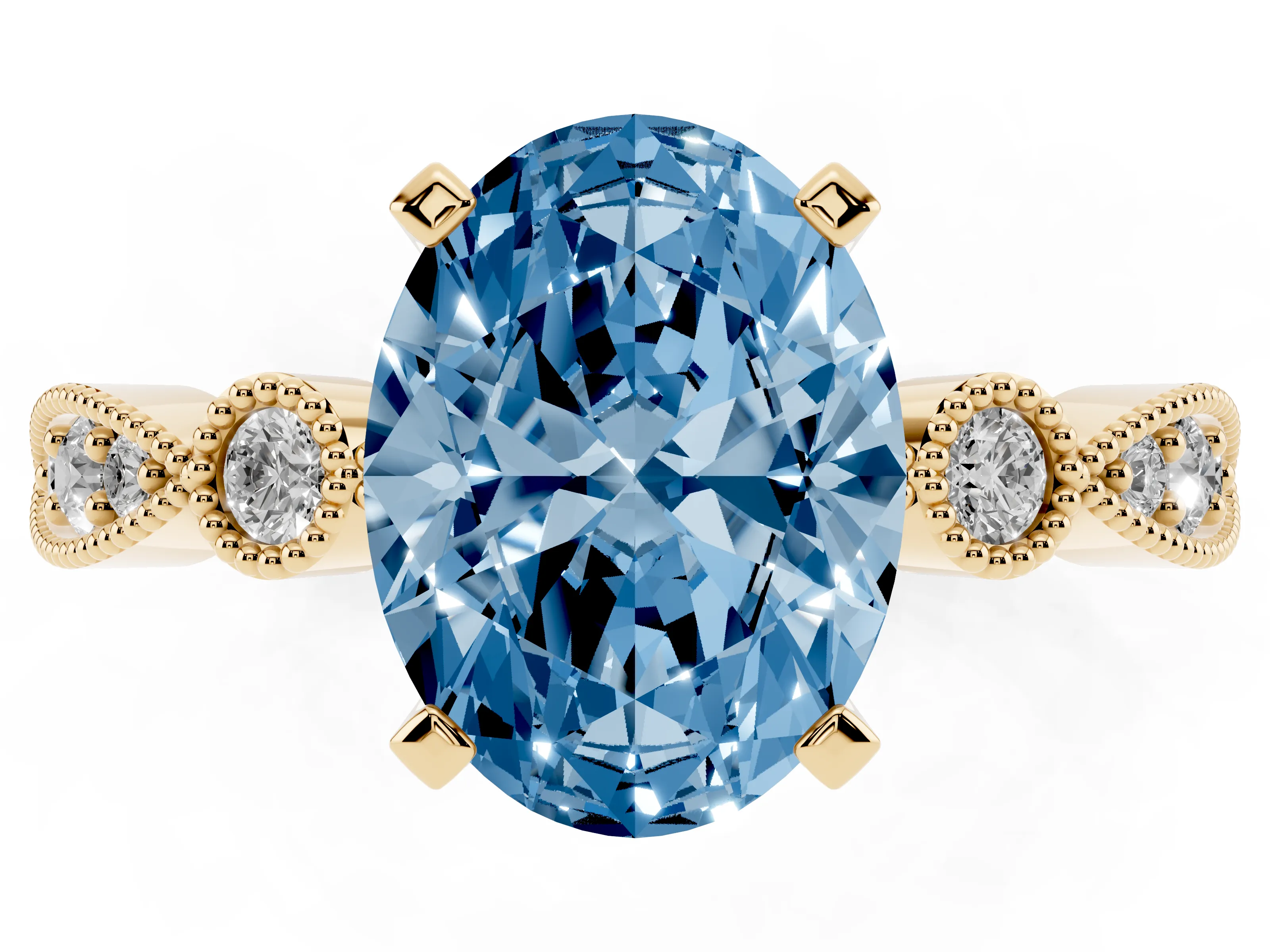Fancy Blue Oval Cut Diamond Solitaire Engagement Ring Set in Yellow gold with Milgrain Bezel Accent Band