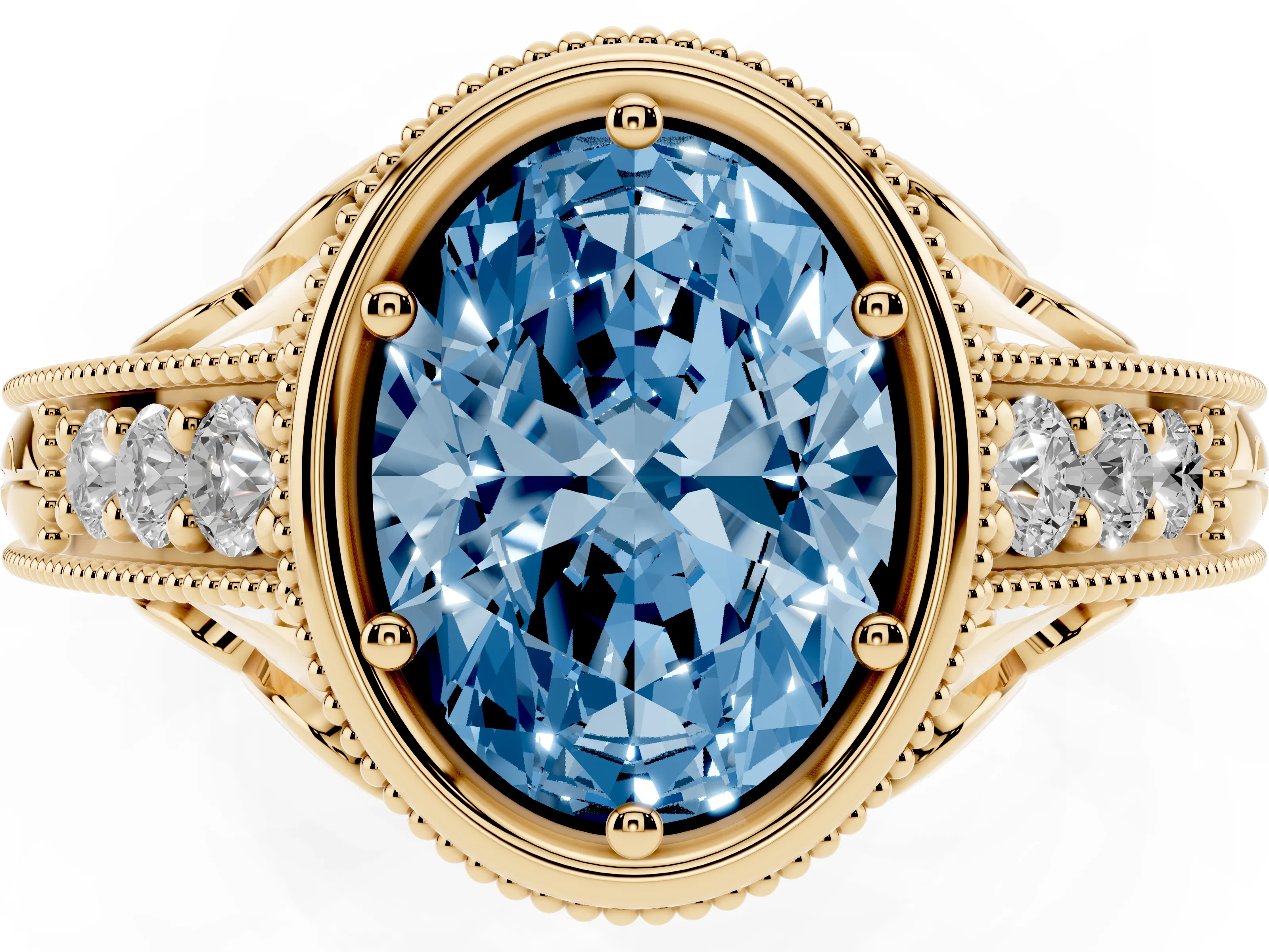 Fancy Blue Bezel Set Oval Cut Diamond Milgrain Pavé Engagement Ring Set in Yellow gold