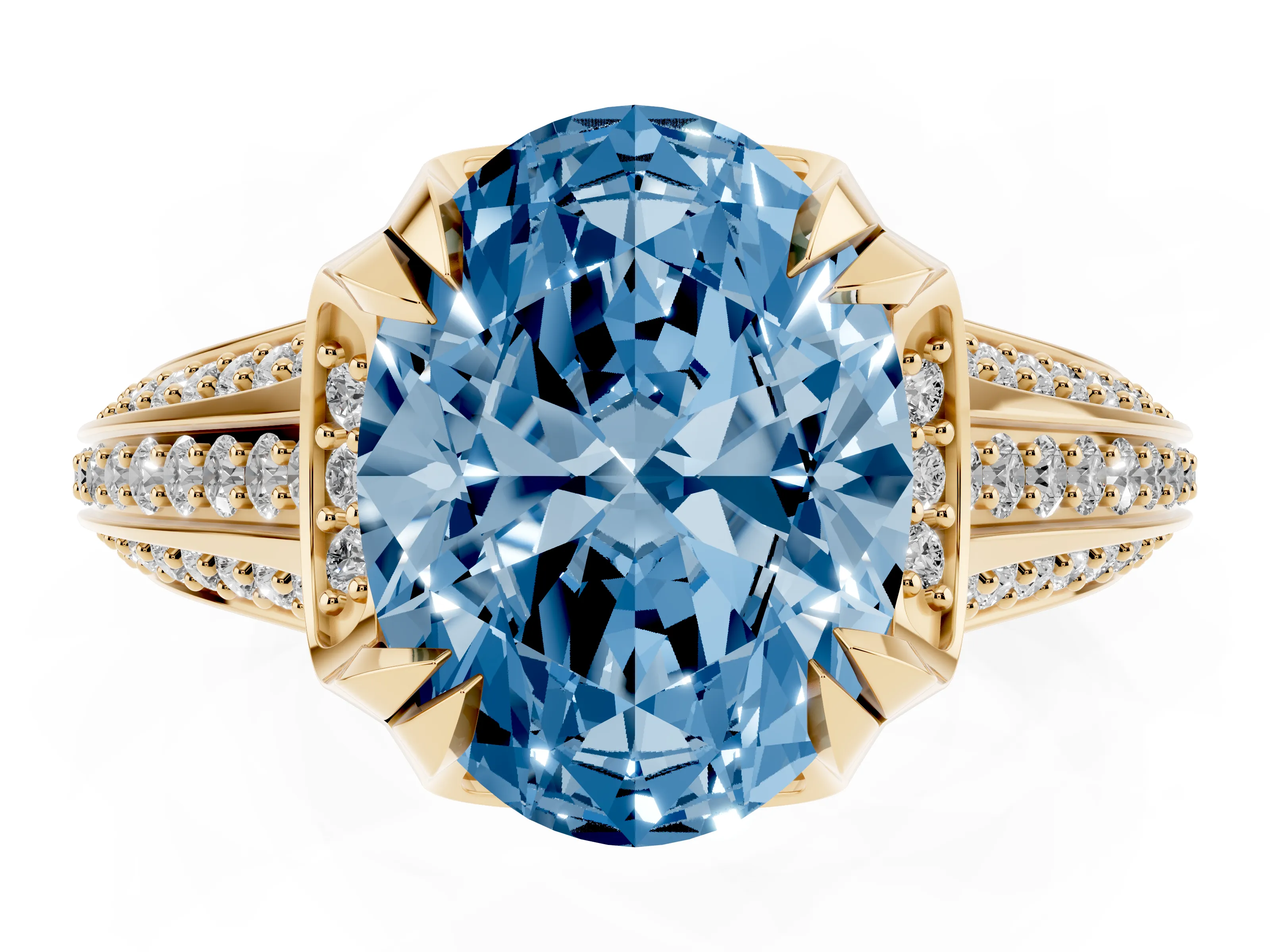 Fancy Blue Oval Cut Diamond Pavé Split Shank Solitaire Ring Set in Yellow gold with Prong Setting