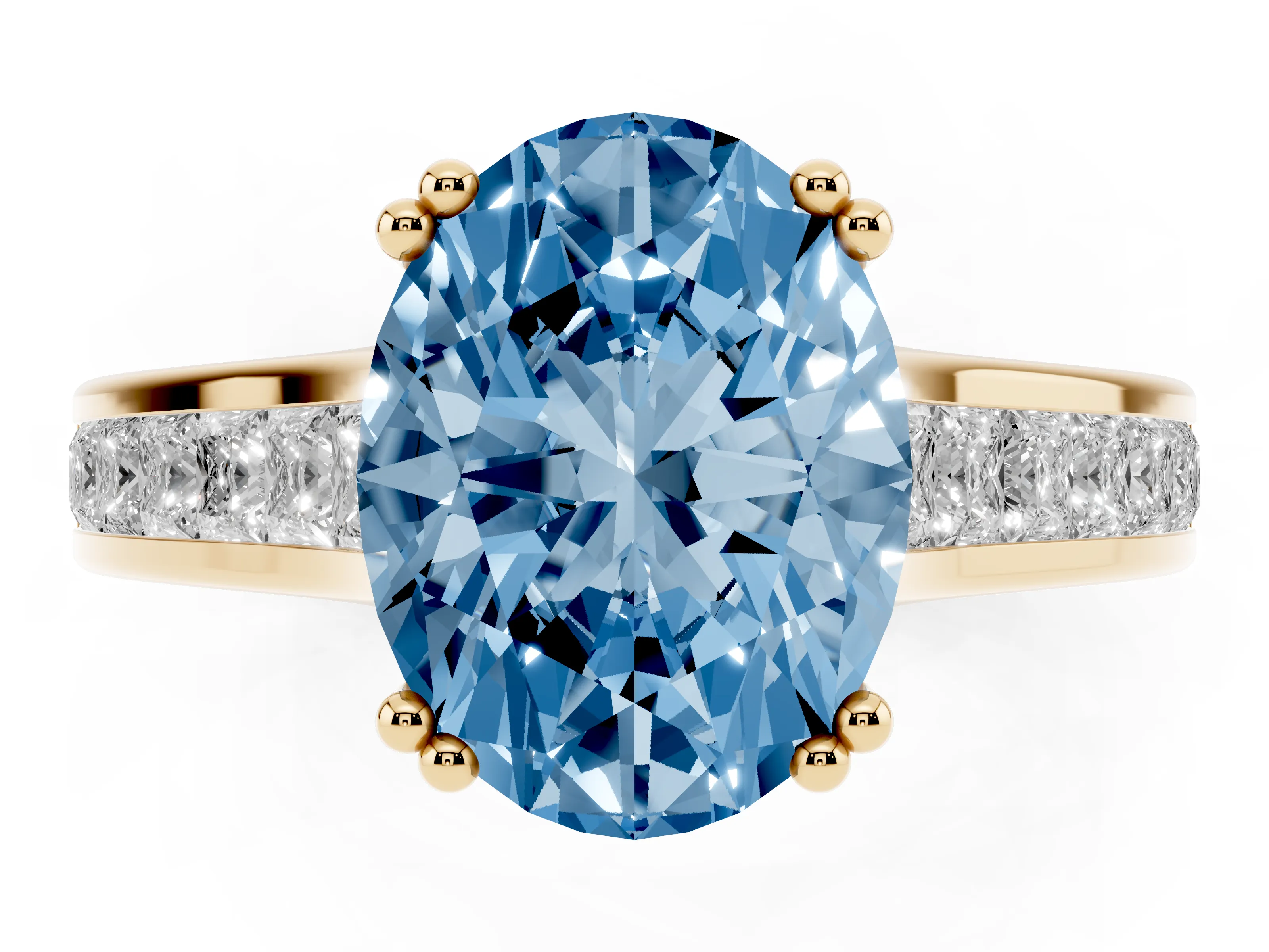 Fancy Blue Oval Cut Diamond Channel Set Solitaire Engagement Ring Set in Yellow gold with Prong Setting