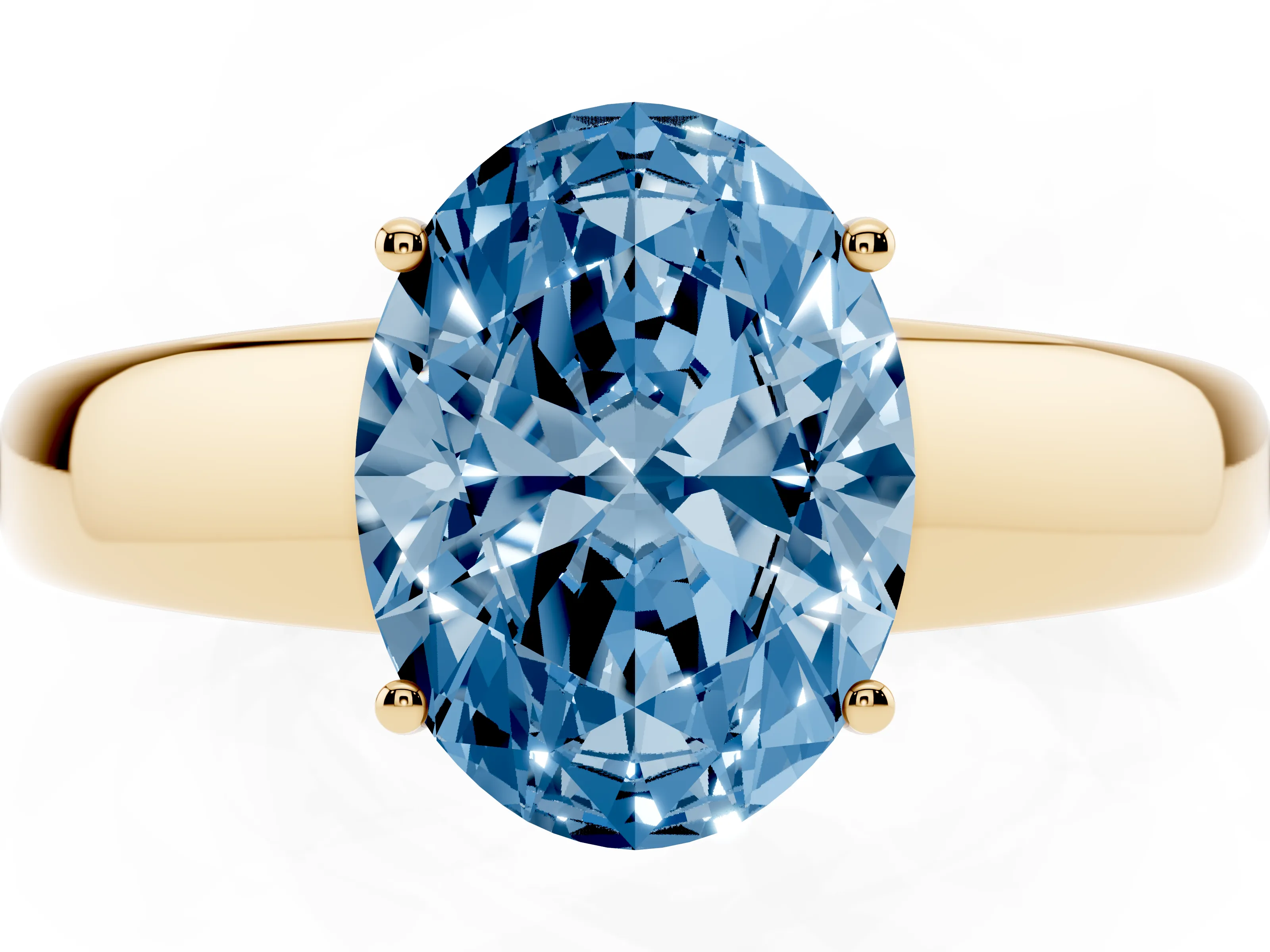Fancy Blue Oval Cut Diamond Solitaire Ring Set in Yellow gold with Tapered Band and Prong Setting