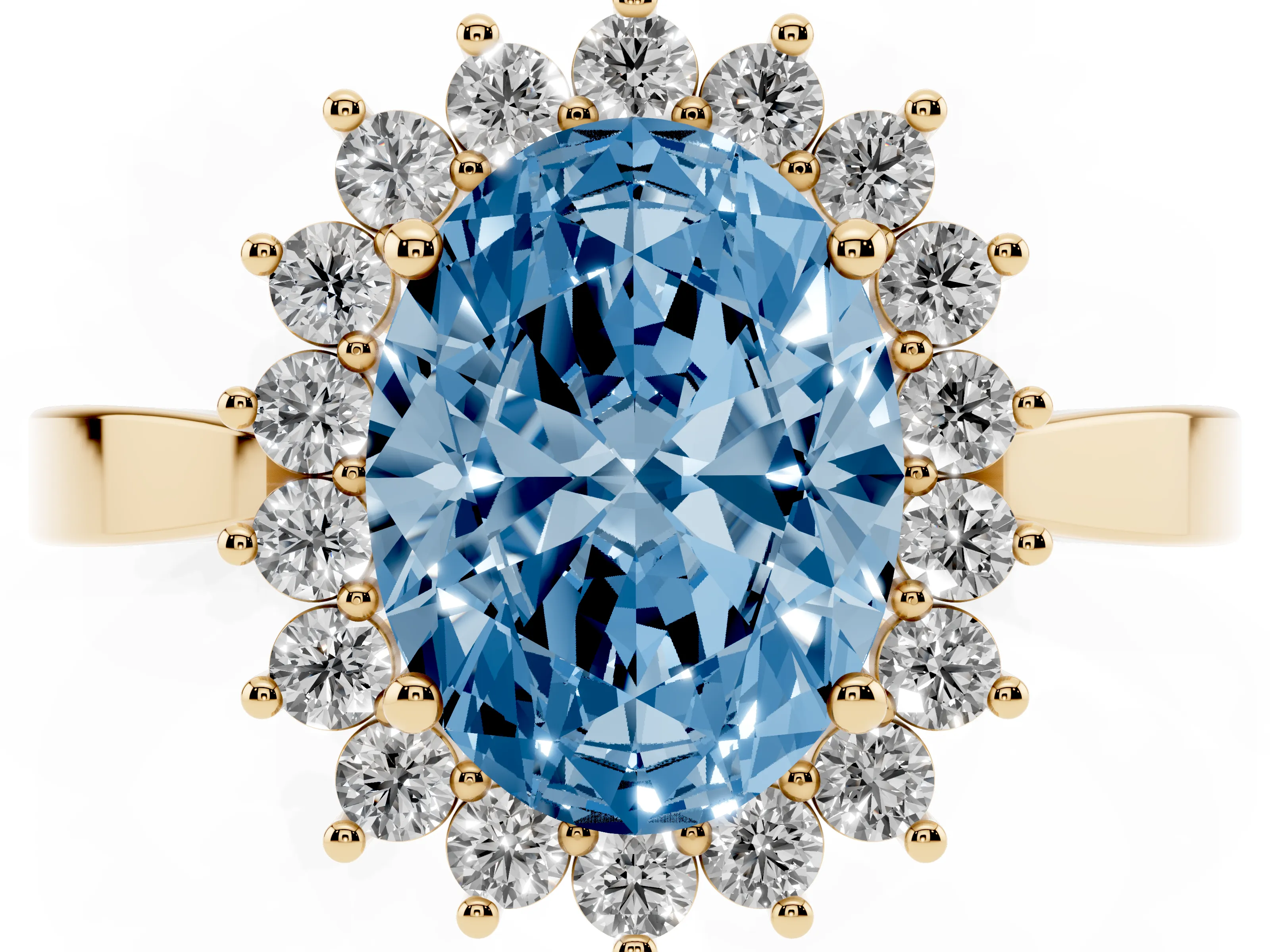 Fancy Blue Oval Cut Diamond Halo Ring Set in Yellow gold with Round Halo and Smooth Solitaire Band