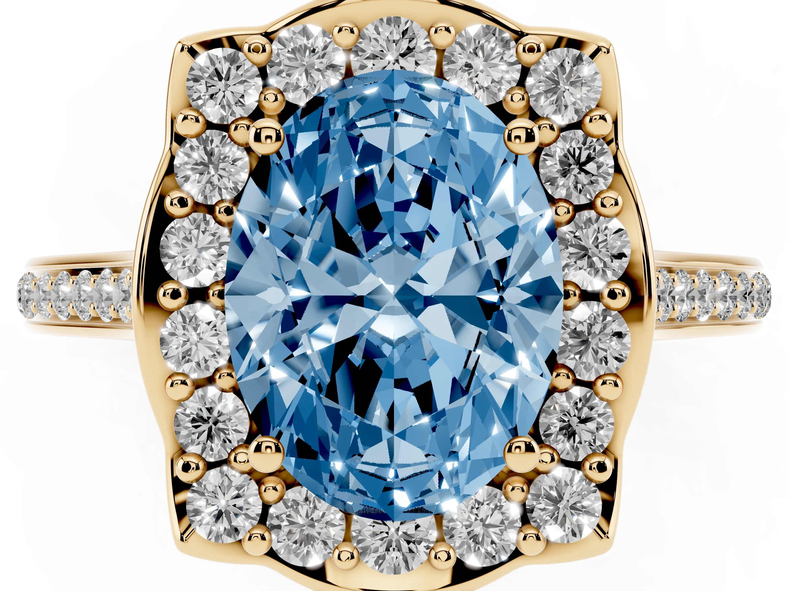 Fancy Blue Oval Cut Diamond Halo Ring Set in Yellow gold with Pavé-Lined Shoulders and Prong Setting