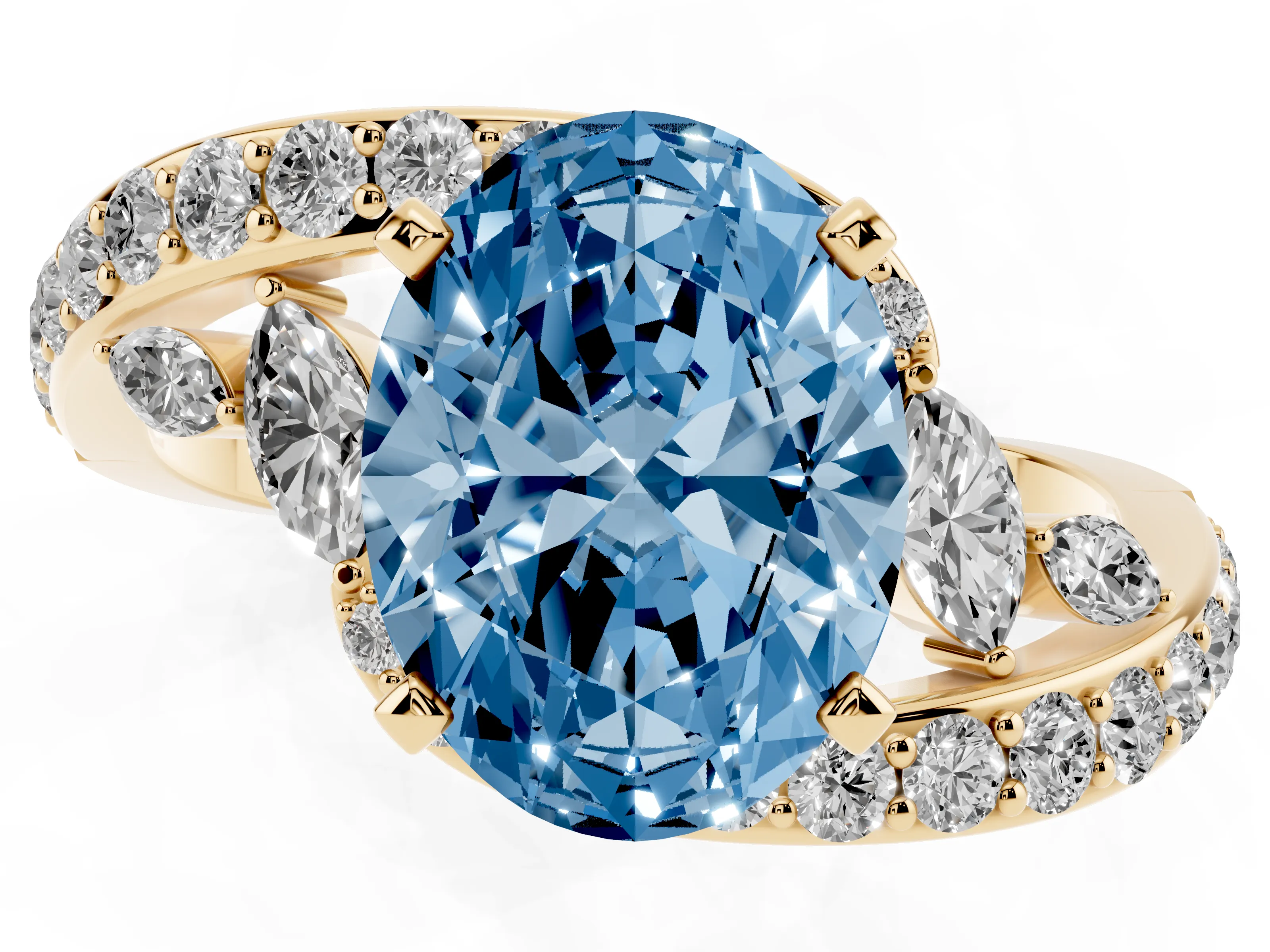 Fancy Blue Oval Cut Diamond Solitaire Ring Set in Yellow gold with Pavé Twist Band and Secure Prong Setting