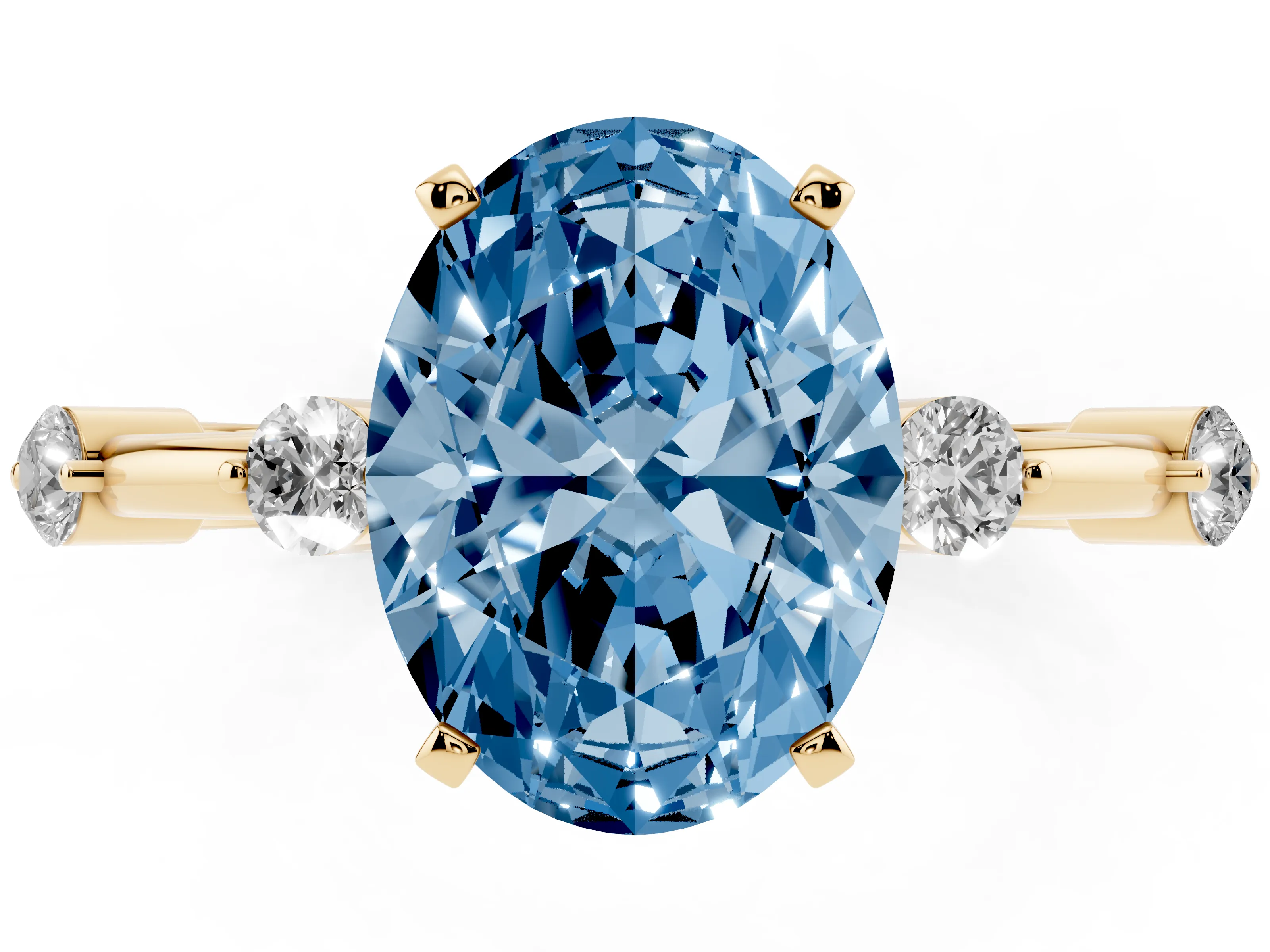 Fancy Blue Oval Cut Diamond Solitaire Ring Set in Yellow gold with Bezel Set Side Stones and Prong Setting