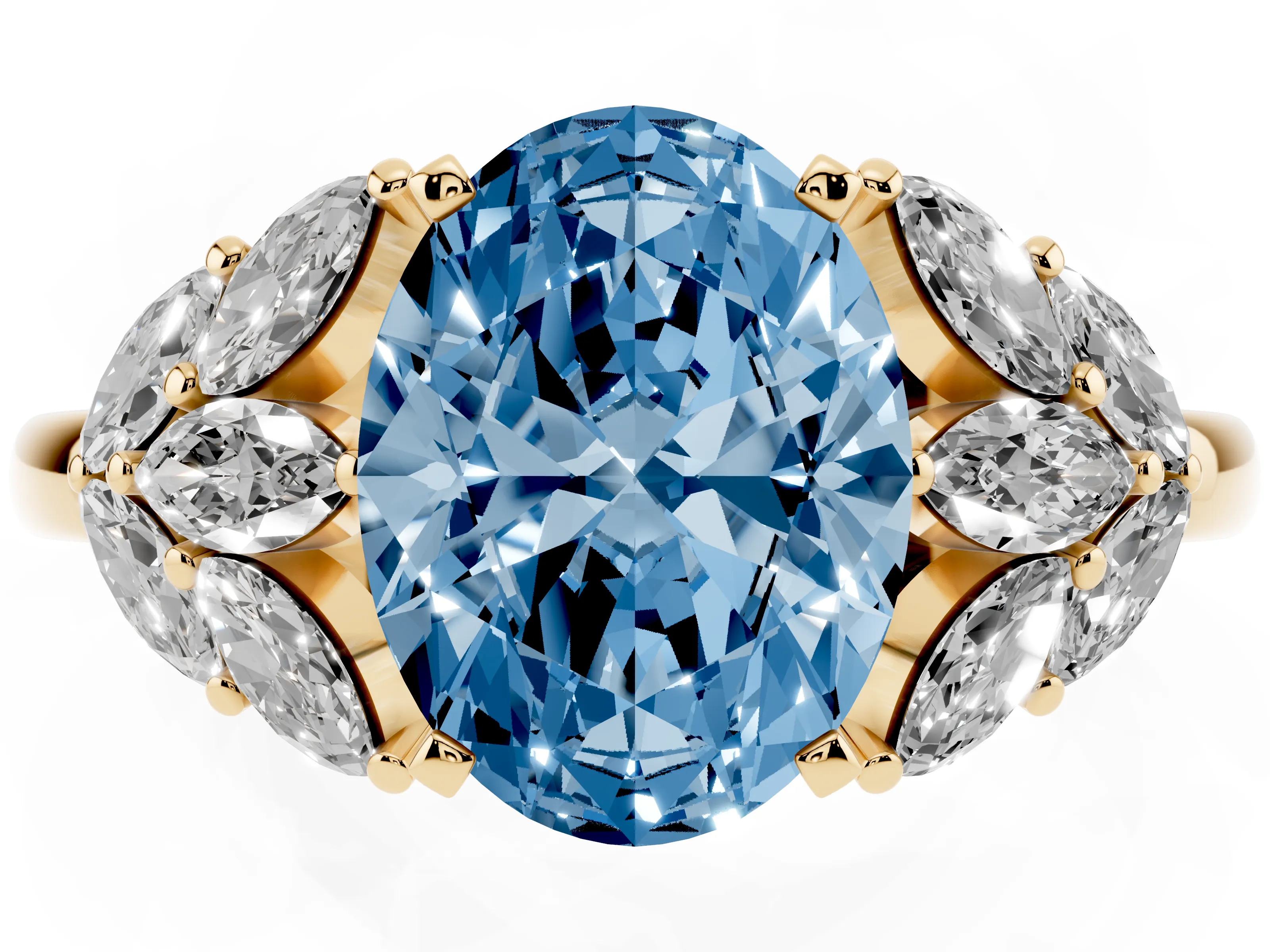Fancy Blue Oval Cut Diamond Cluster Leaf Design Ring Set in Yellow gold with Prong Setting
