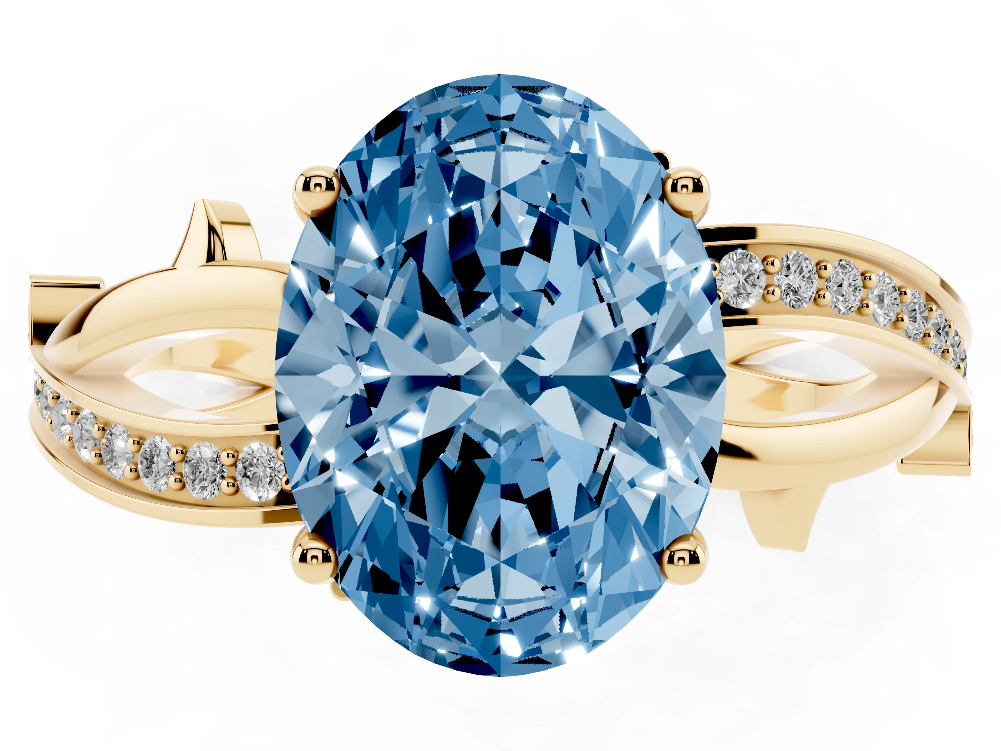 Fancy Blue Oval Cut Diamond Pavé Twist Band Solitaire Ring Set in Yellow gold with Prong Setting