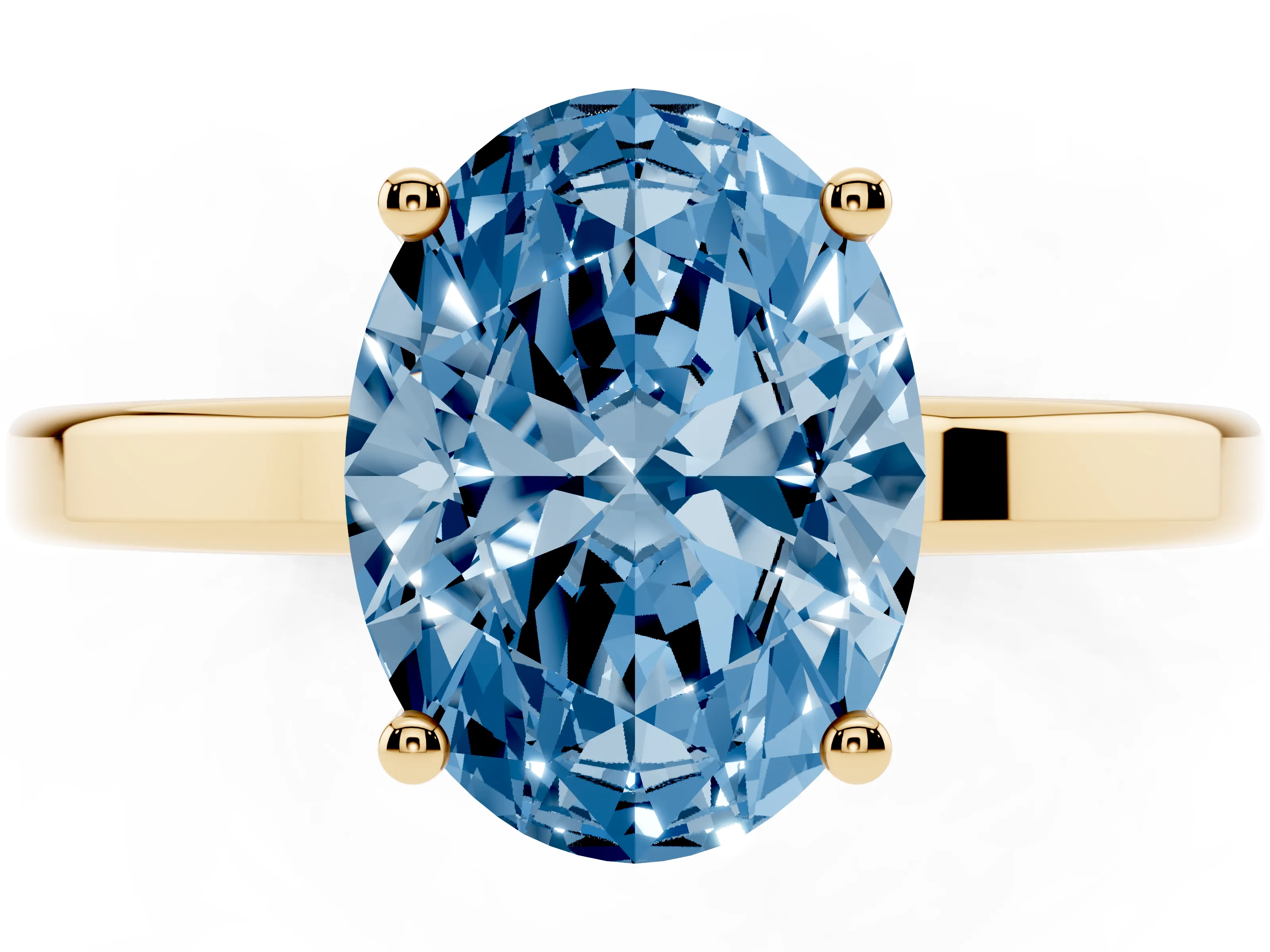 Fancy Blue Oval Cut Diamond Solitaire Engagement Ring Set in Yellow gold with Prong Setting on a Plain Band