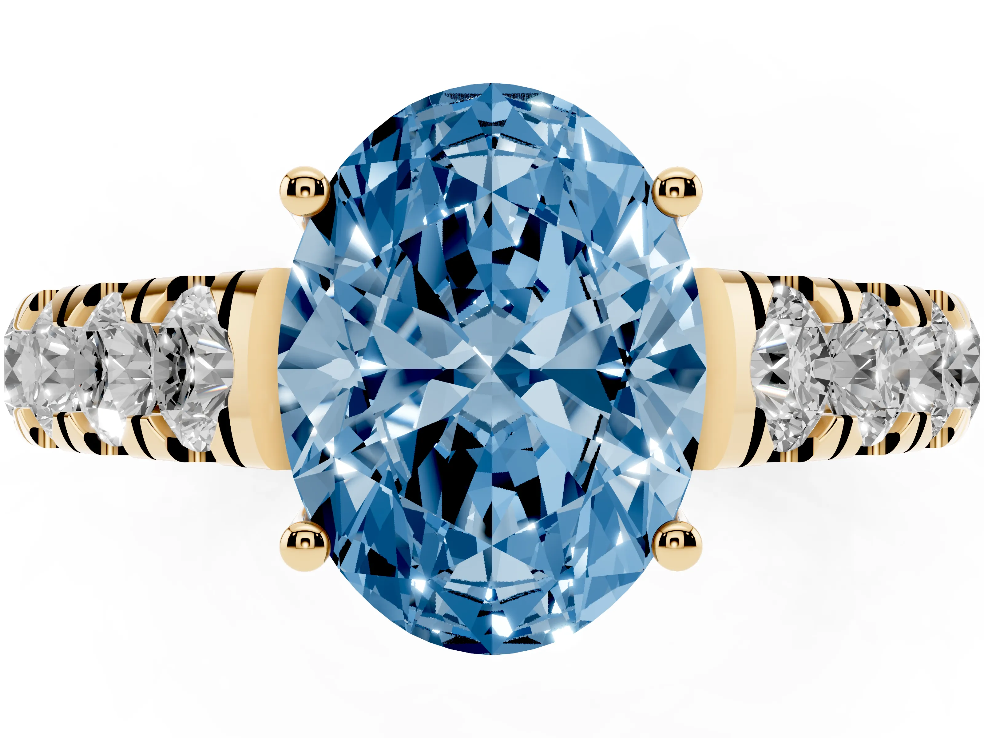 Fancy Blue Oval Cut Diamond Solitaire Ring Set in Yellow gold with Cut-Down Micro Pavé Band and Prong Setting
