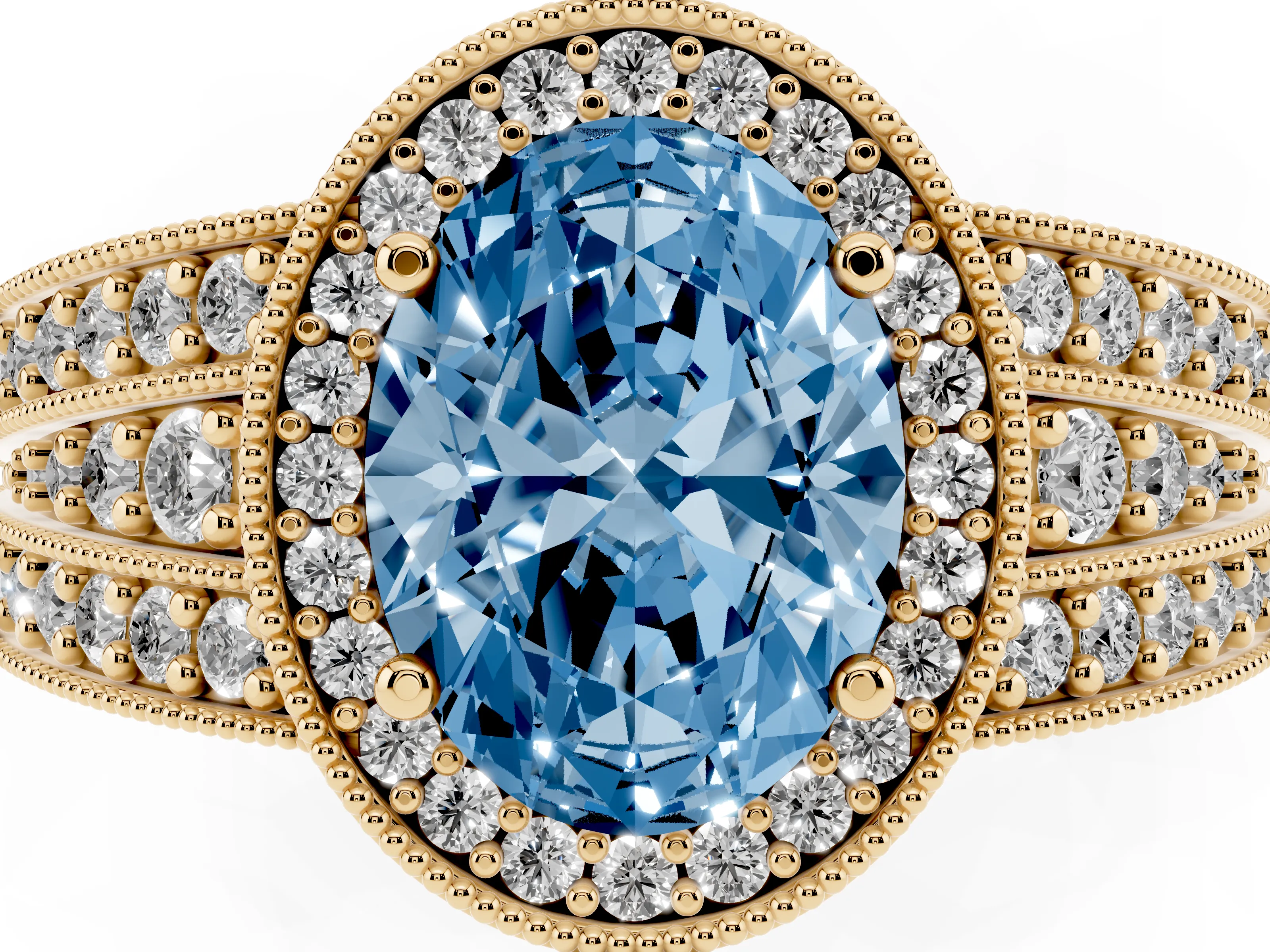 Fancy Blue Oval Cut Diamond Halo Ring Set in Yellow gold with Accent Split Shank and Prong Setting