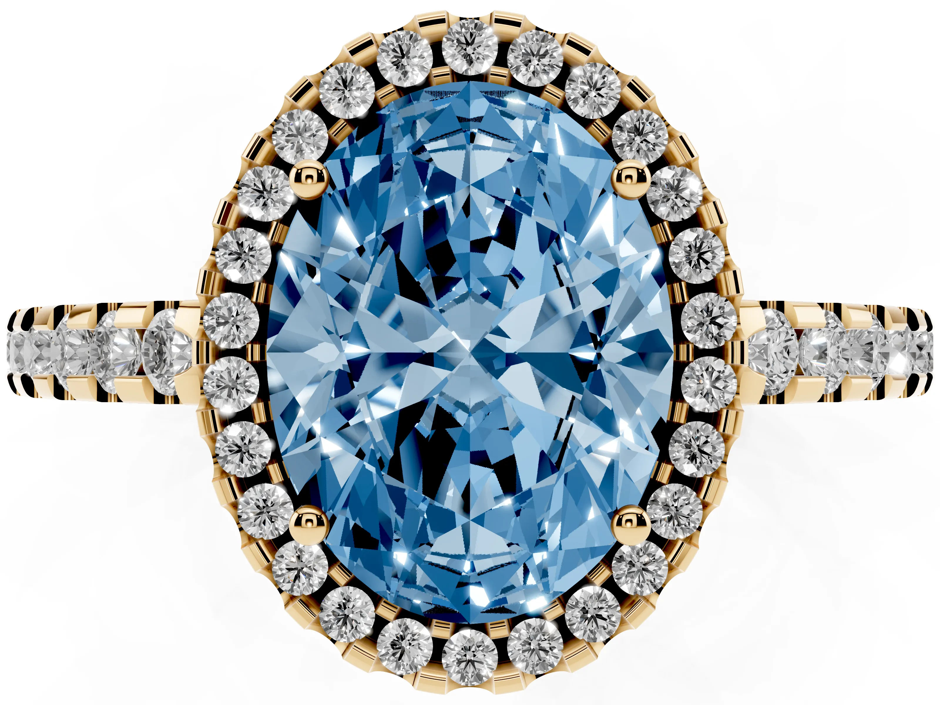 Fancy Blue Oval Cut Diamond Halo Ring Set in Yellow gold with Pavé Shoulders and Halo-Framed Center