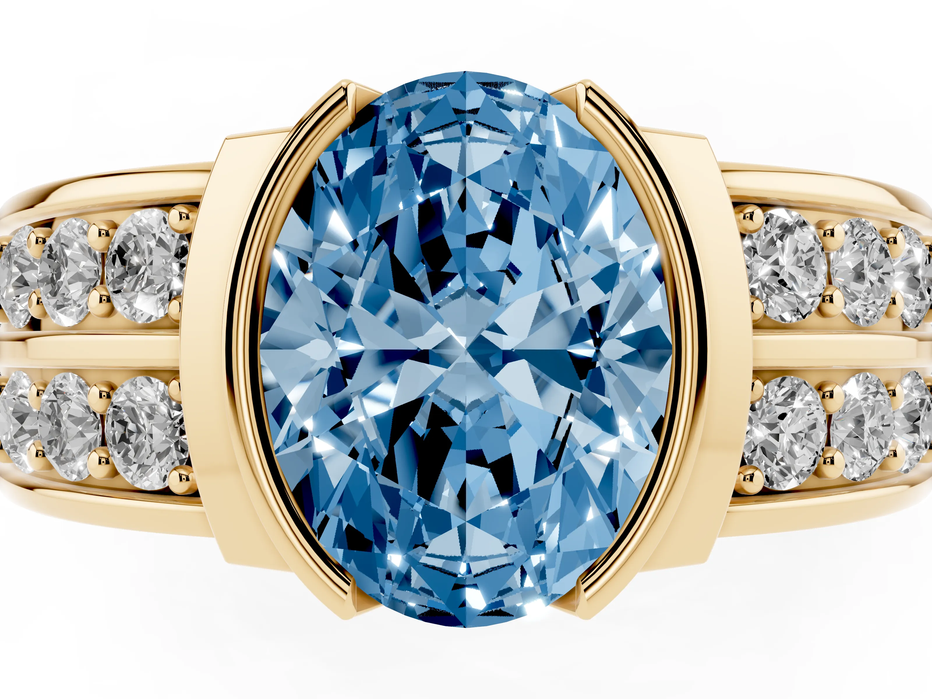 Fancy Blue Oval Cut Diamond Wide Channel Set Band Ring Set in Yellow gold with Bezel Setting