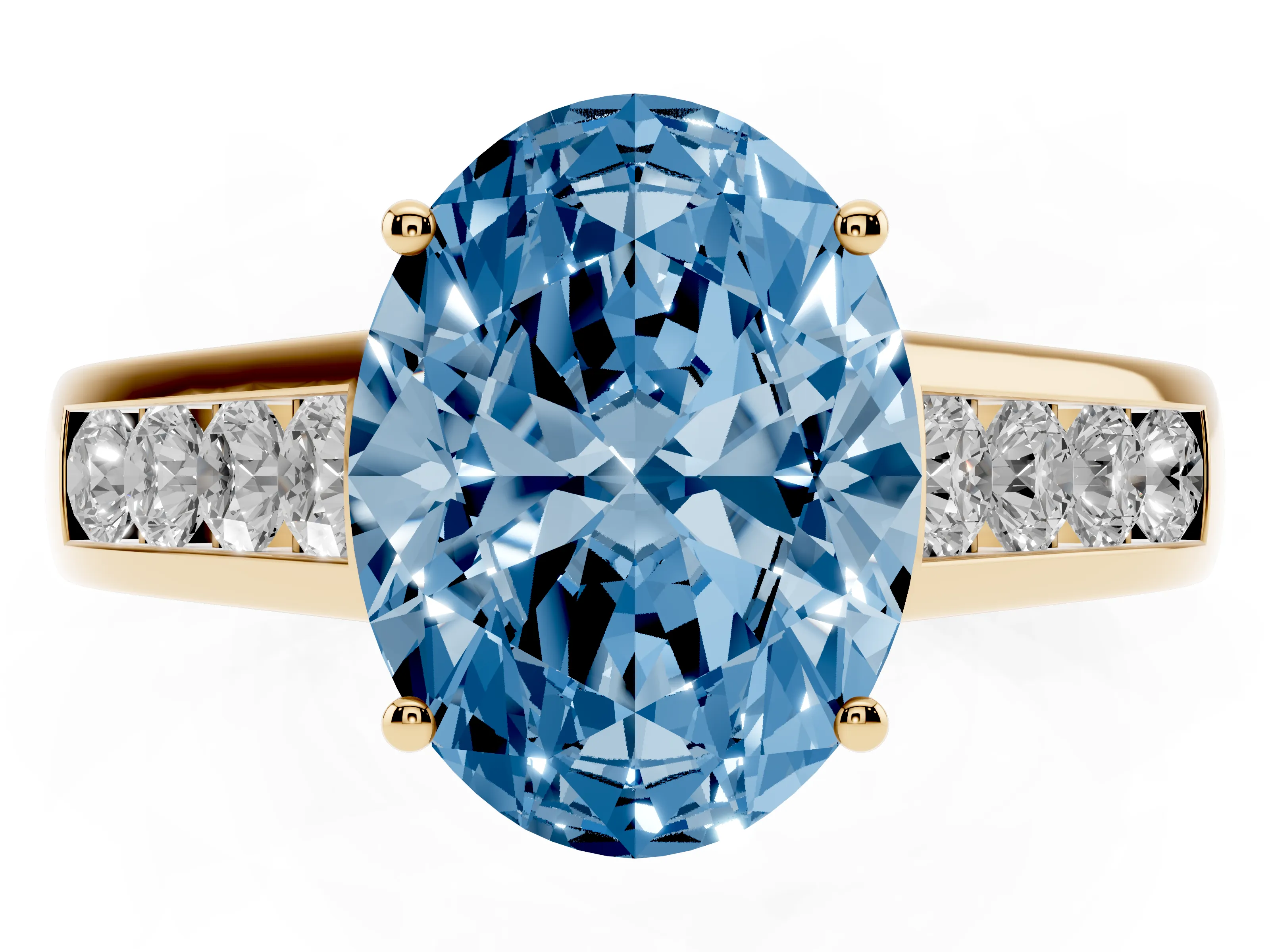 Fancy Blue Oval Cut Diamond Solitaire Channel-Set Engagement Ring Set in Yellow gold with Prong Setting