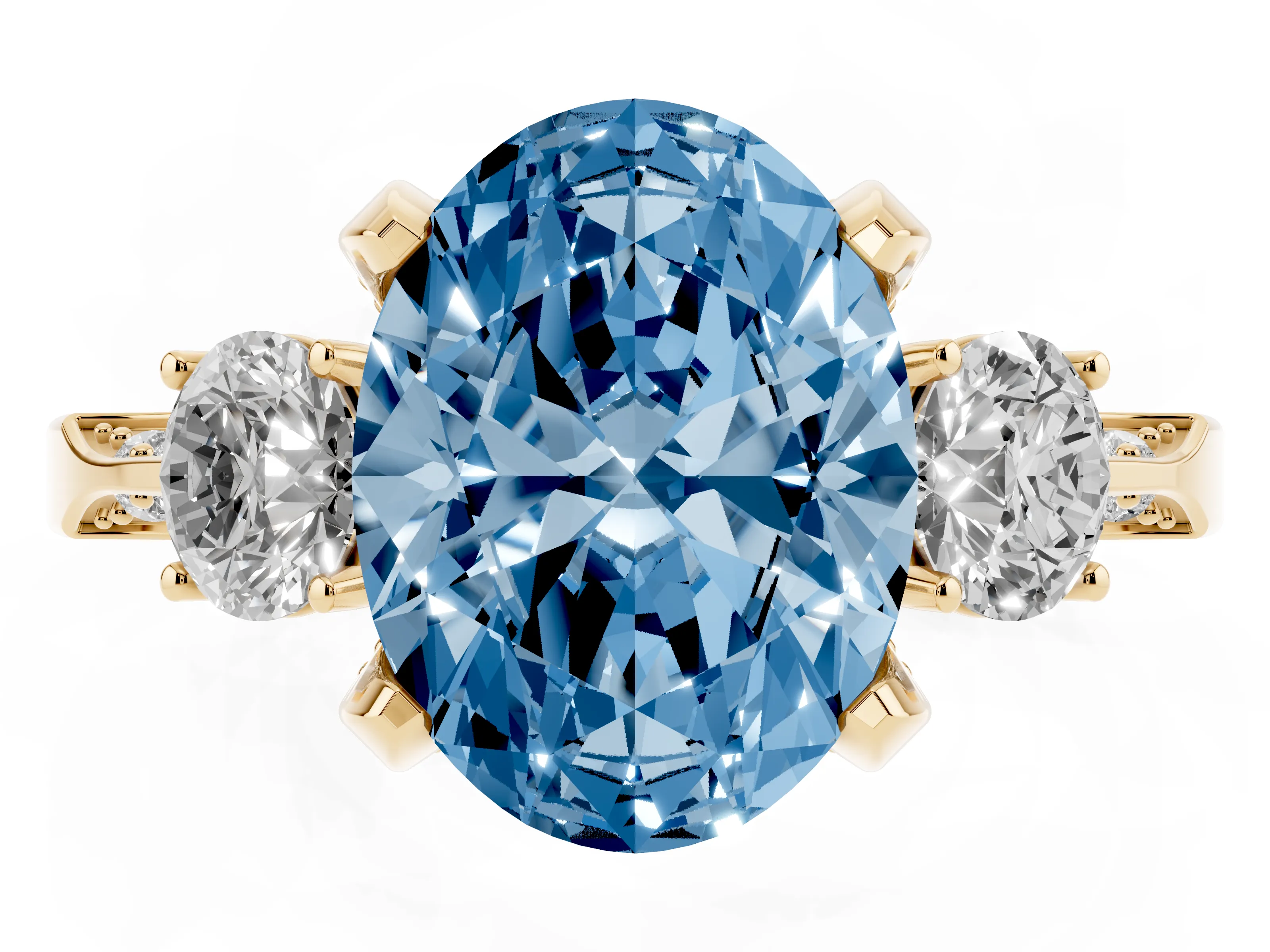 Fancy Blue Oval Cut Diamond Three-Stone Ring Set in Yellow gold with Pavé Band and Smaller Side Stones
