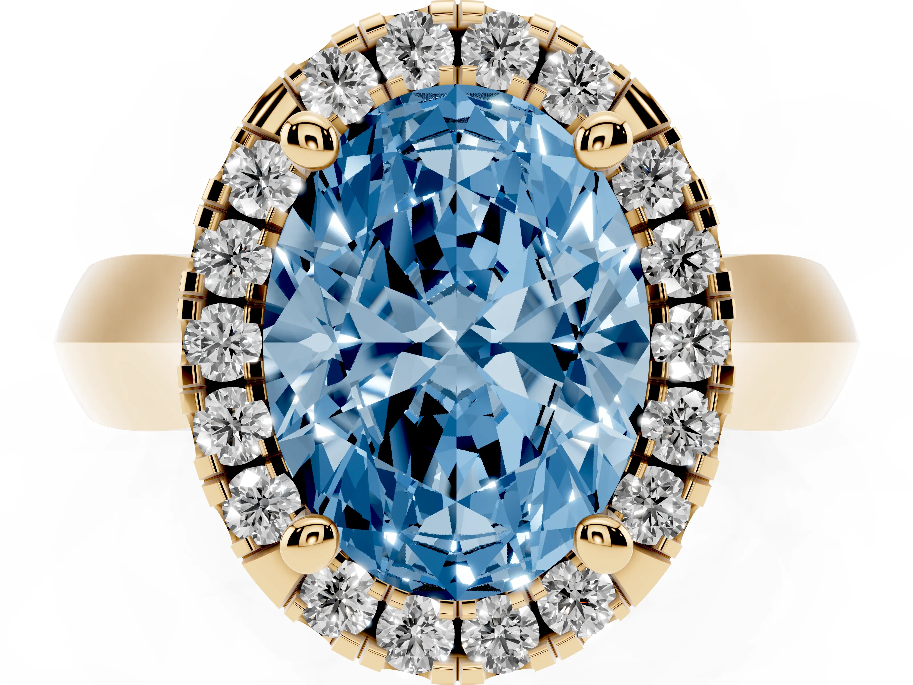Fancy Blue Oval Cut Diamond Halo Solitaire Engagement Ring Set in Yellow gold with Square Band and Prong Setting