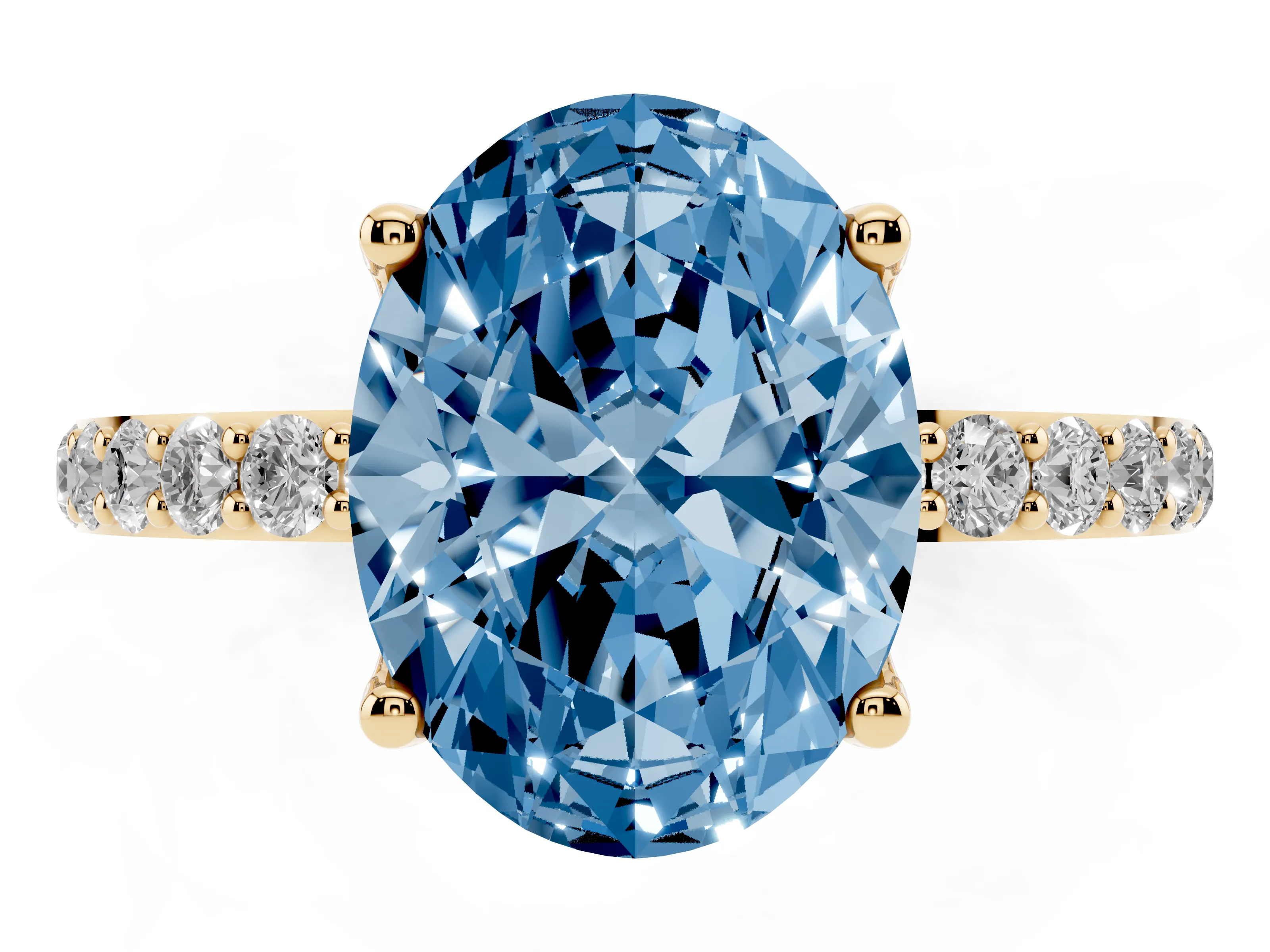 Fancy Blue Oval Cut Diamond Solitaire Engagement Ring Set in Yellow gold with Round Pavé Band and Prong Setting