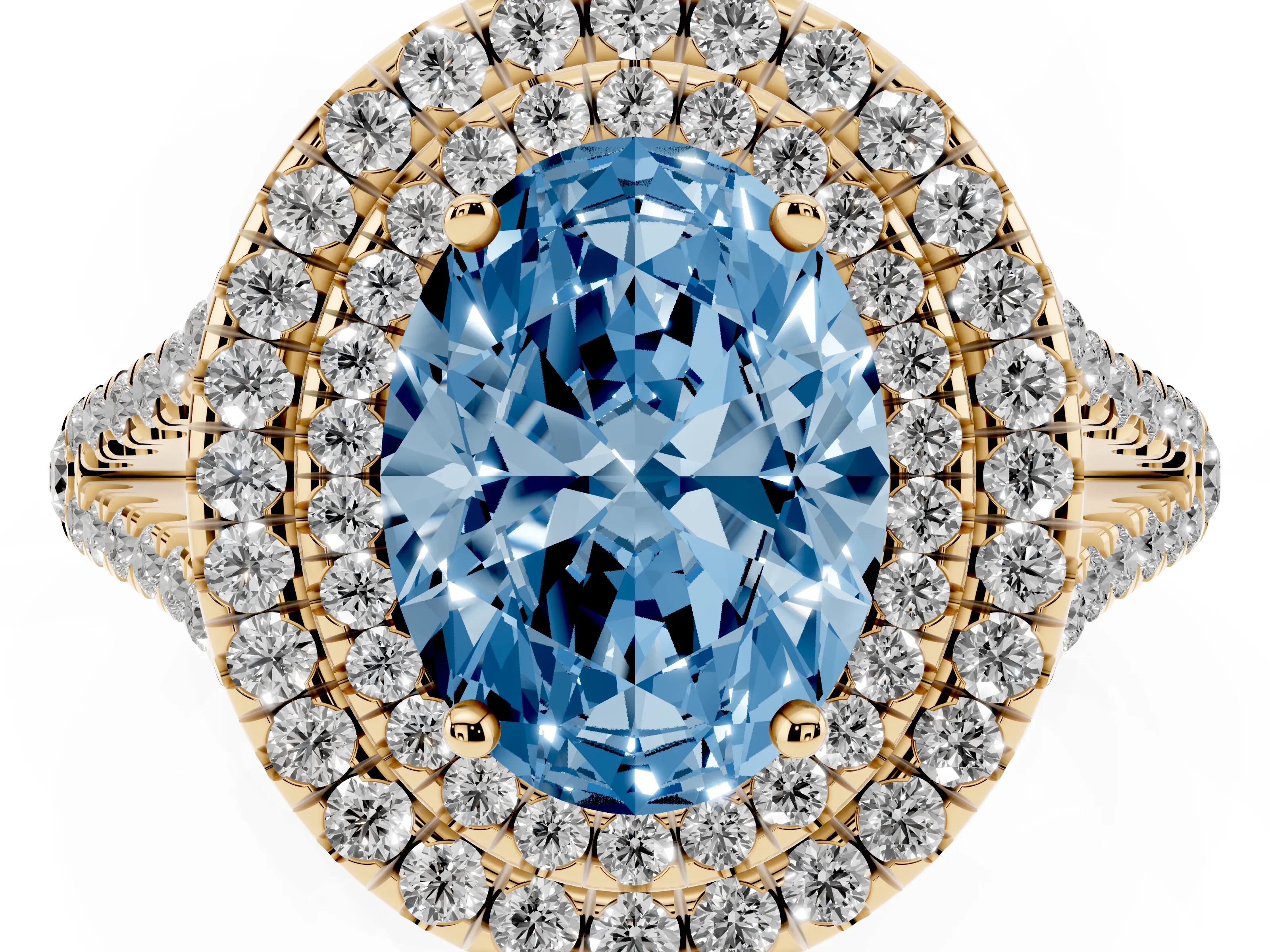 Fancy Blue Oval Cut Diamond Double Halo Ring Set in Yellow gold with Pavé Band