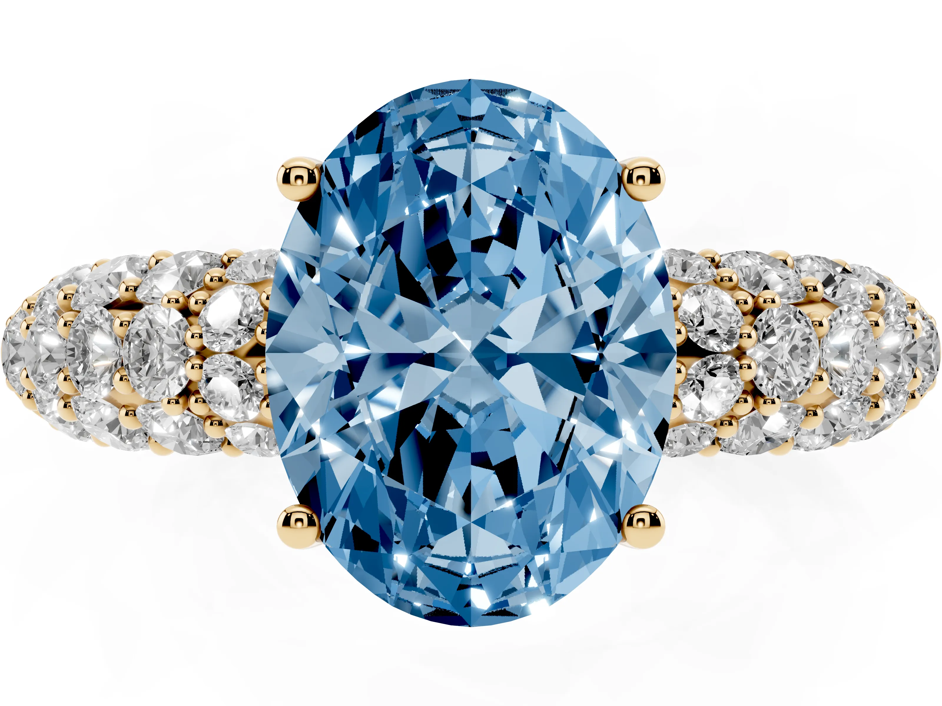 Fancy Blue Oval Cut Diamond Pavé Band Solitaire Ring Set in Yellow gold with Close-Set Accent Stones and Prong Setting
