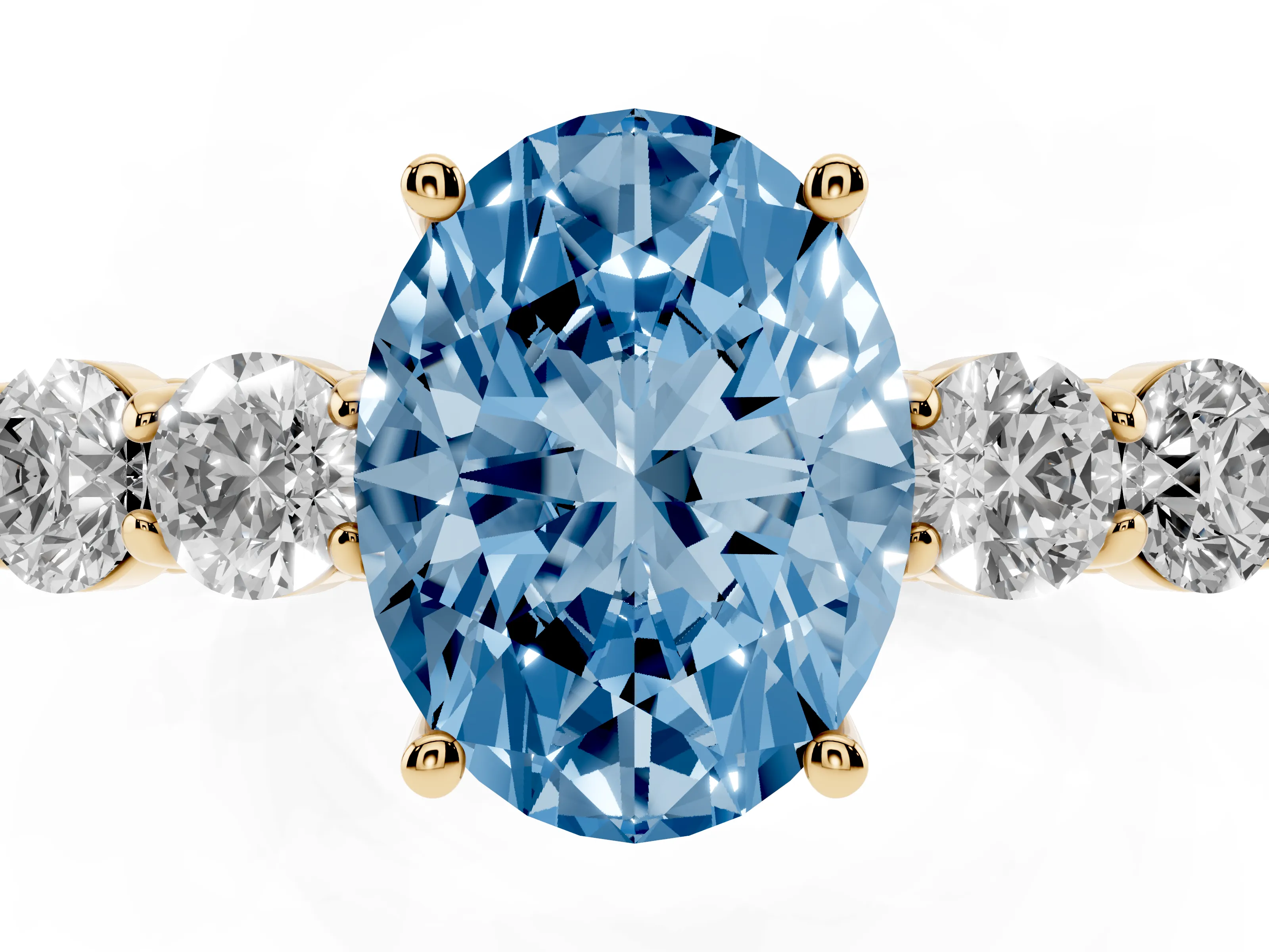Fancy Blue Oval Cut Diamond Five-Stone Prong Set Band Ring Set in Yellow gold with Polished Band