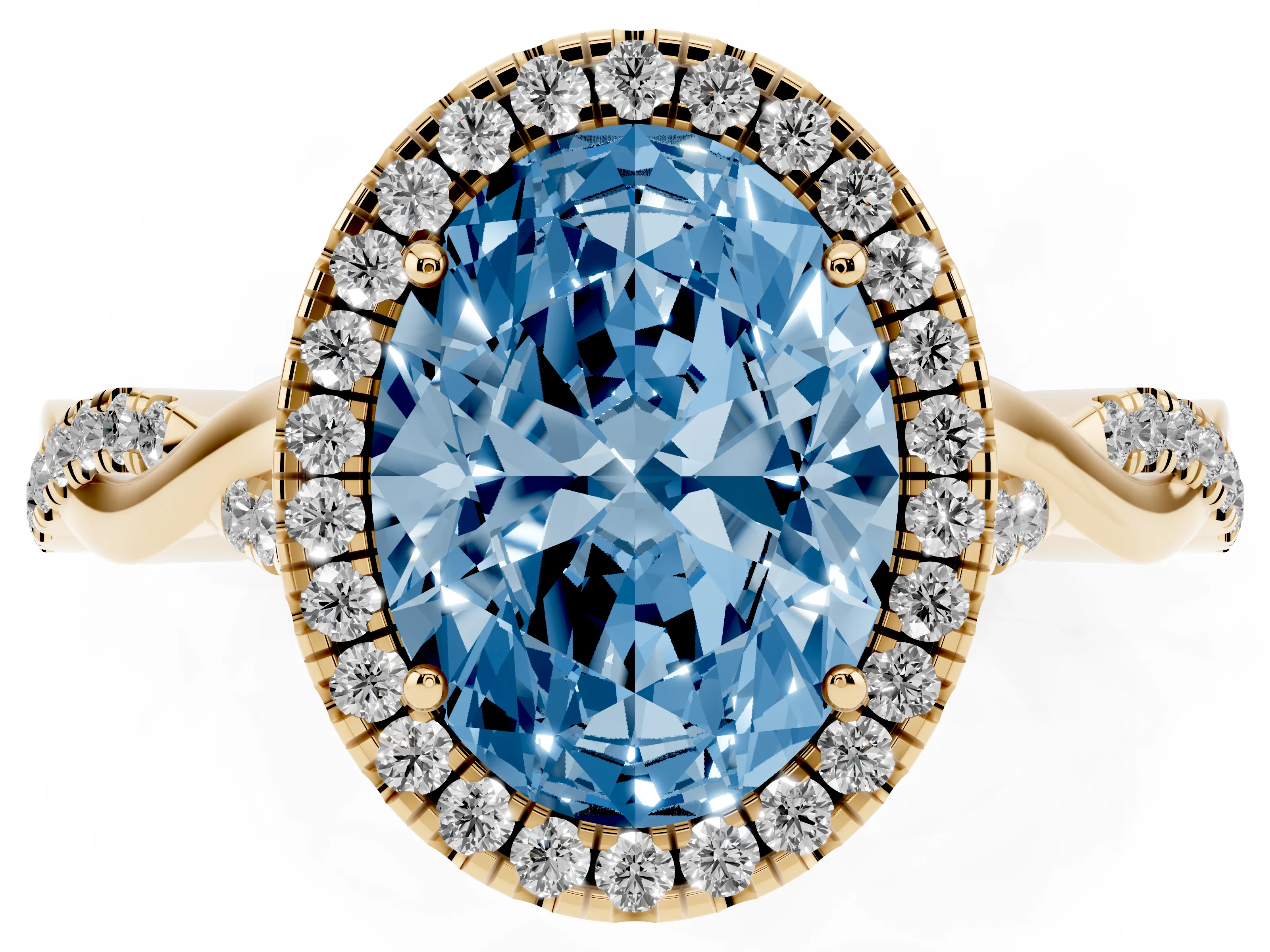 Fancy Blue Oval Cut Diamond Halo Twist Band Solitaire Ring Set in Yellow gold with Prong Setting