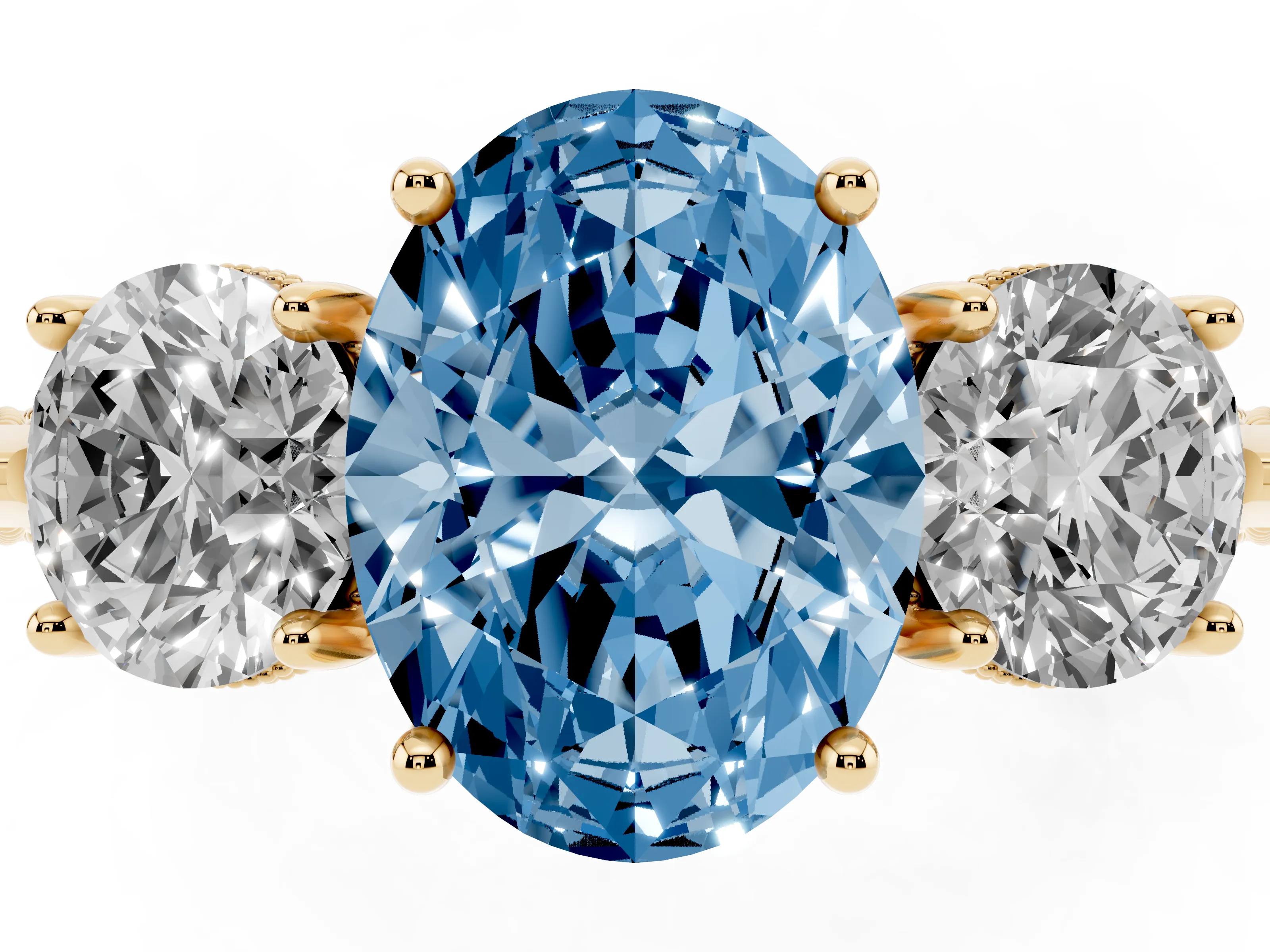 Fancy Blue Oval Cut Diamond Three-Stone Ring Set in Yellow gold with Milgrain Band