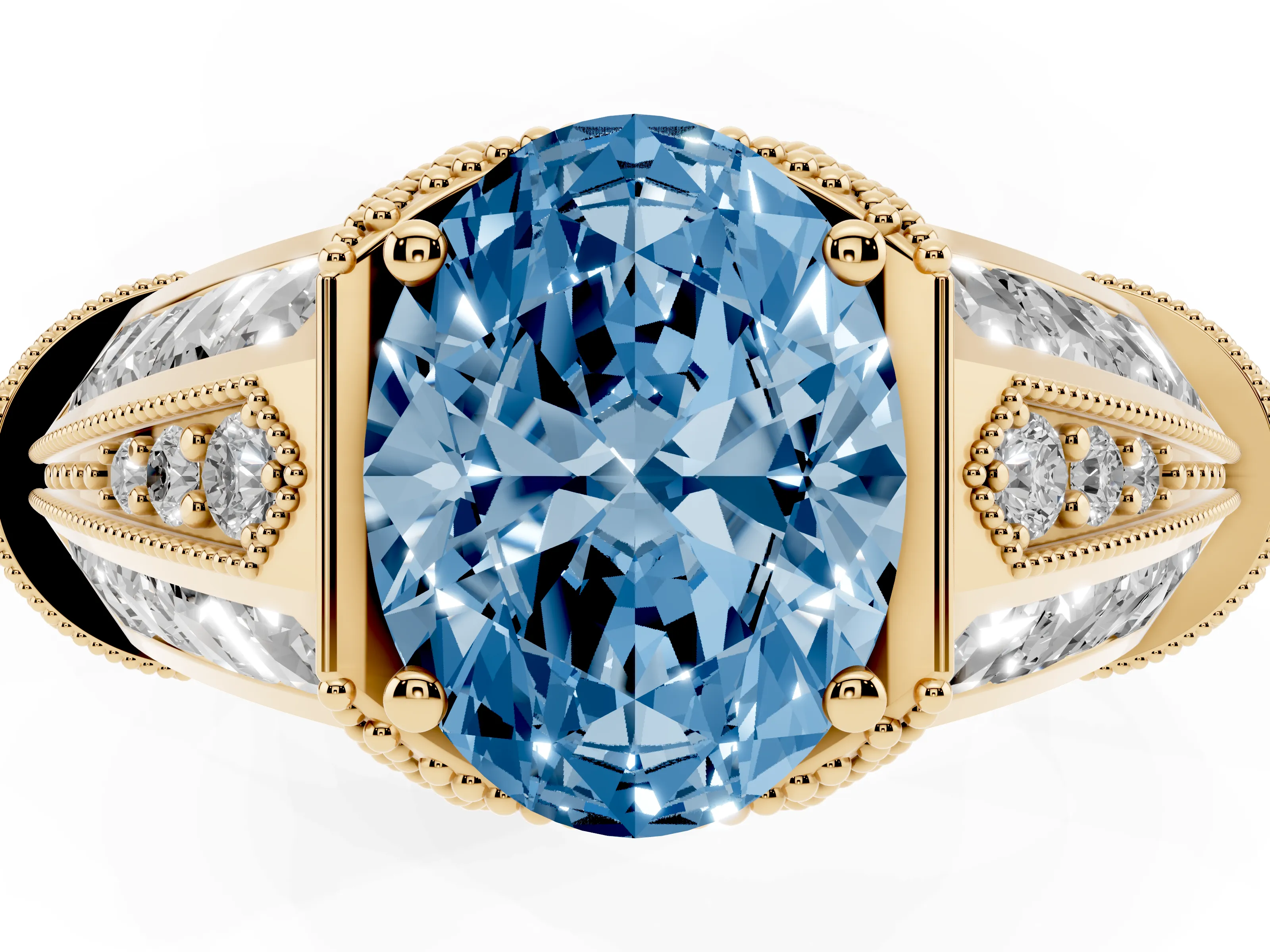 Fancy Blue Oval Cut Diamond Vintage-Inspired Milgrain Ring Set in Yellow gold with Accent Split Shank