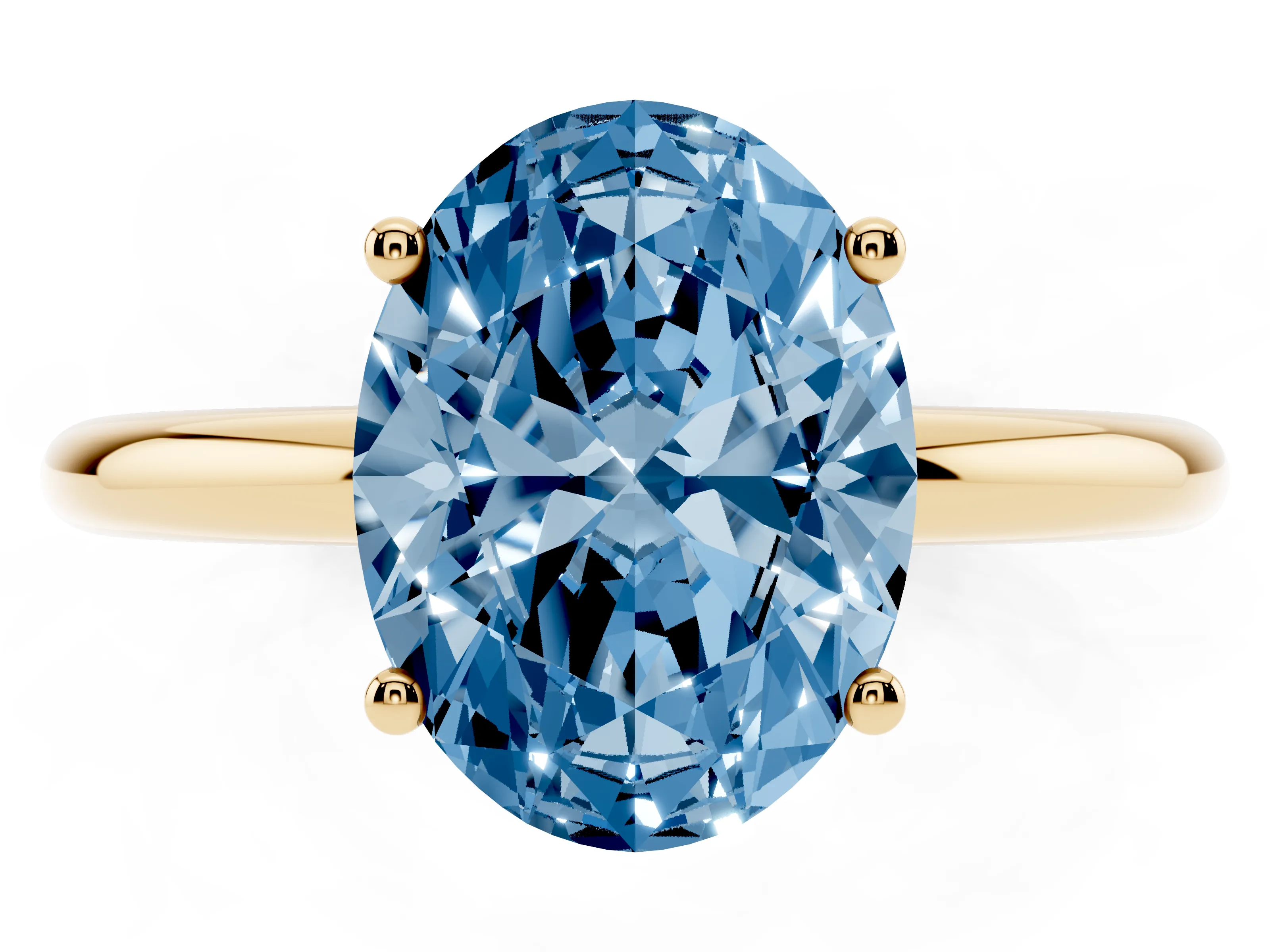 Fancy Blue Oval Cut Diamond Solitaire Engagement Ring Set in Yellow gold with Prong Setting and Polished Band