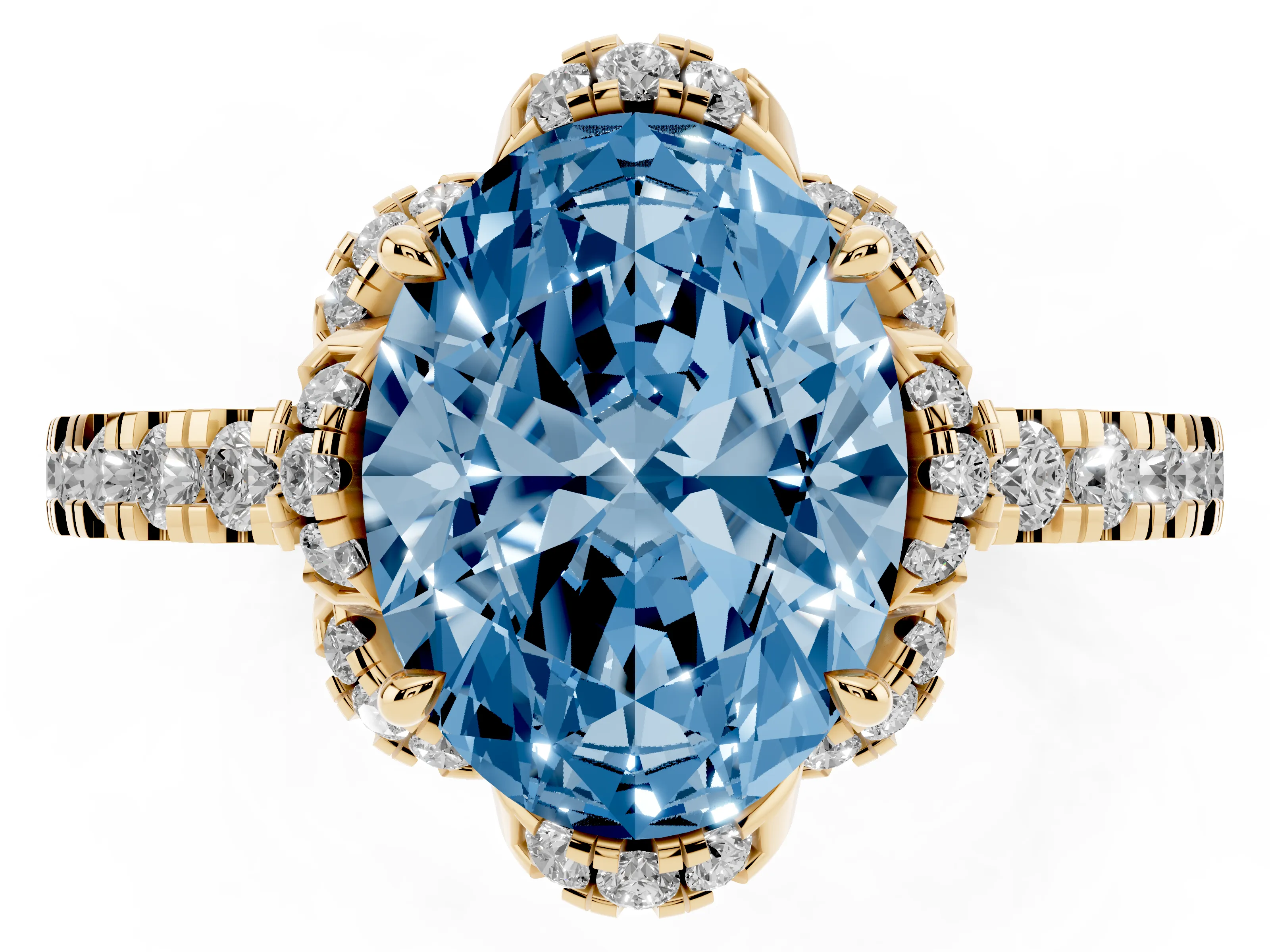 Fancy Blue Oval Cut Diamond Halo Pavé Band Ring Set in Yellow gold with Prong-Held Center