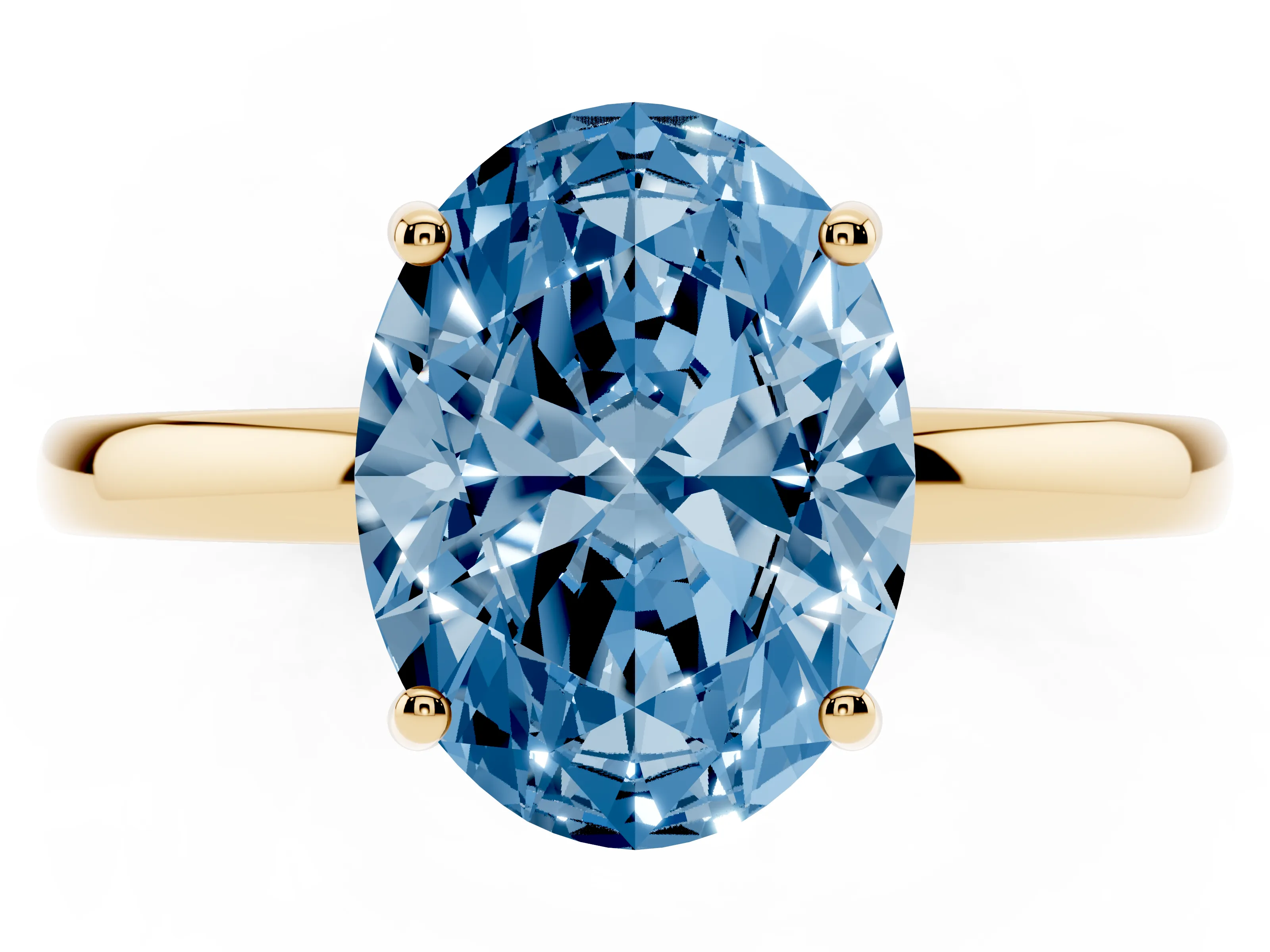Fancy Blue Oval Cut Diamond Solitaire Ring Set in Yellow gold with Plain Band and Prong Setting