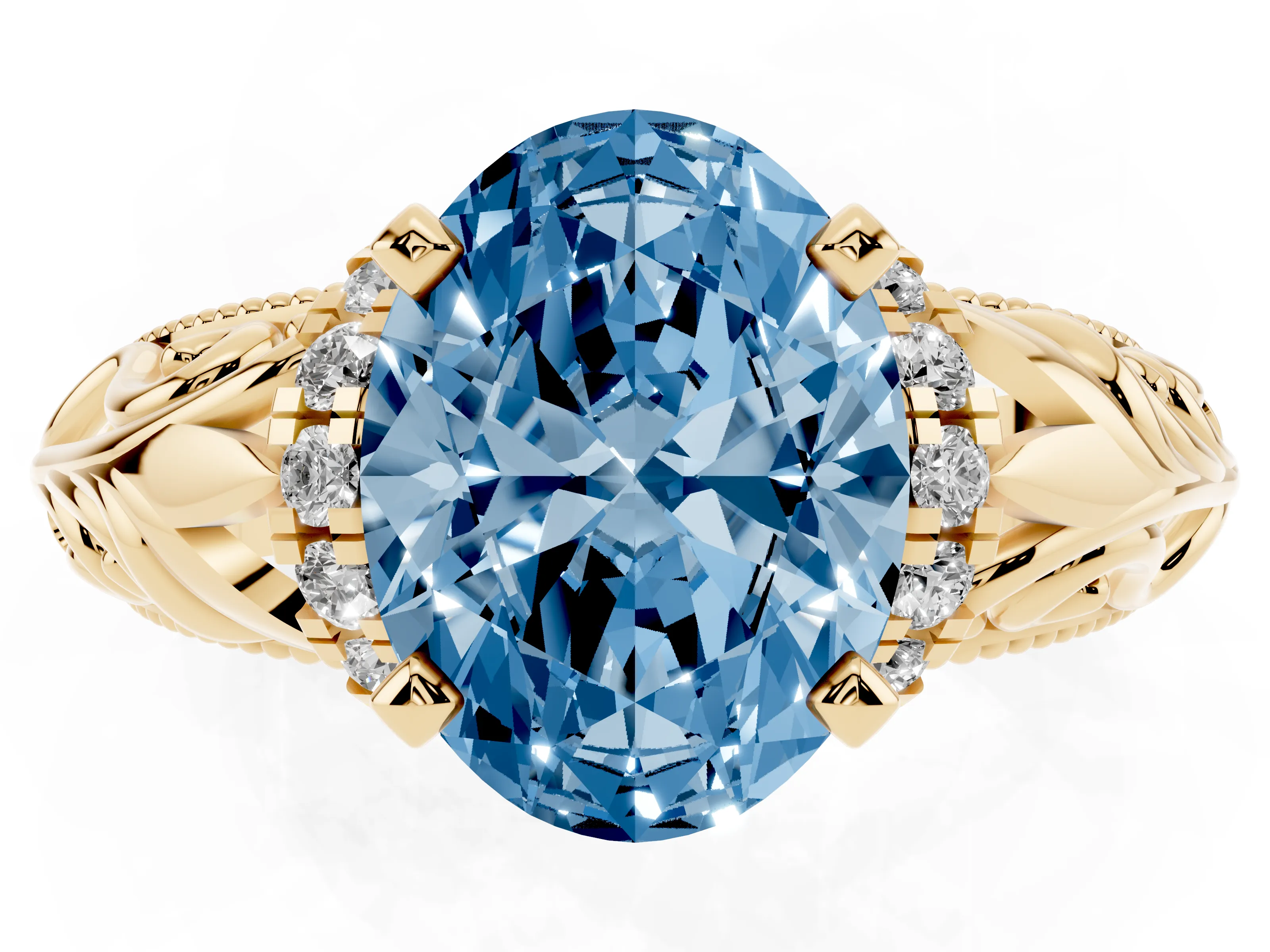 Fancy Blue Oval Cut Diamond Filigree Halo Engagement Ring Set in Yellow gold with Prong Setting