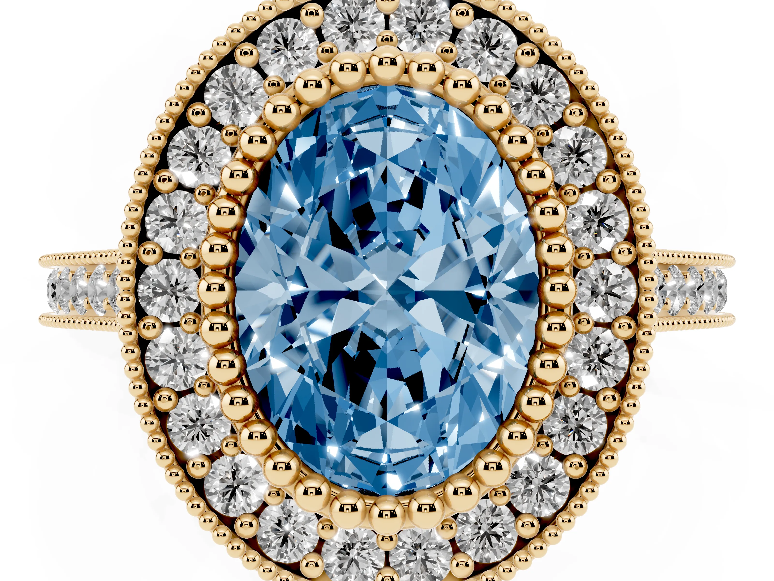 Fancy Blue Oval Cut Diamond Halo Ring Set in Yellow gold with Milgrain Frame and Pavé Band
