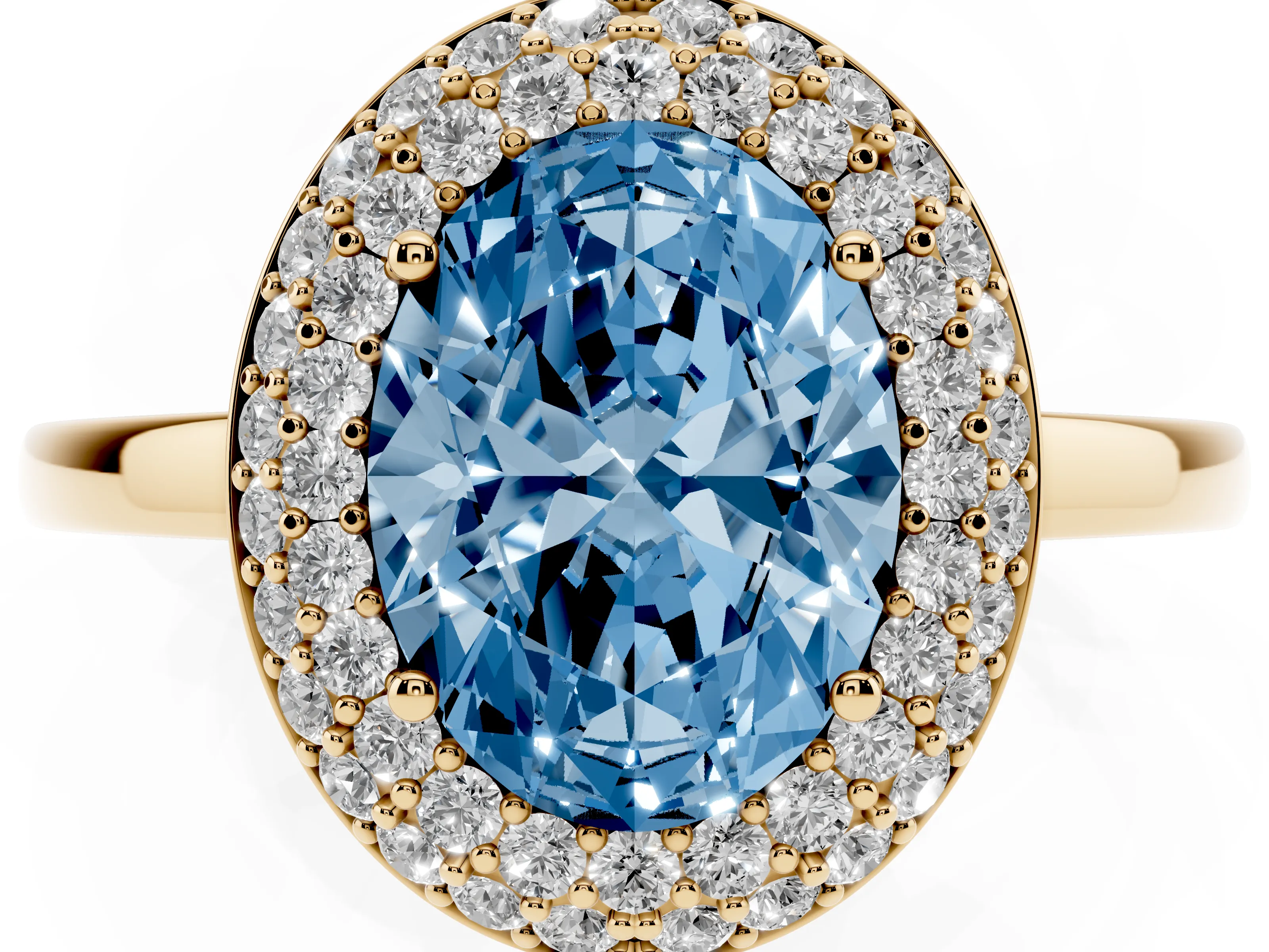 Fancy Blue Oval Cut Diamond Halo Engagement Ring Set in Yellow gold with Solitaire Band and Prong Setting