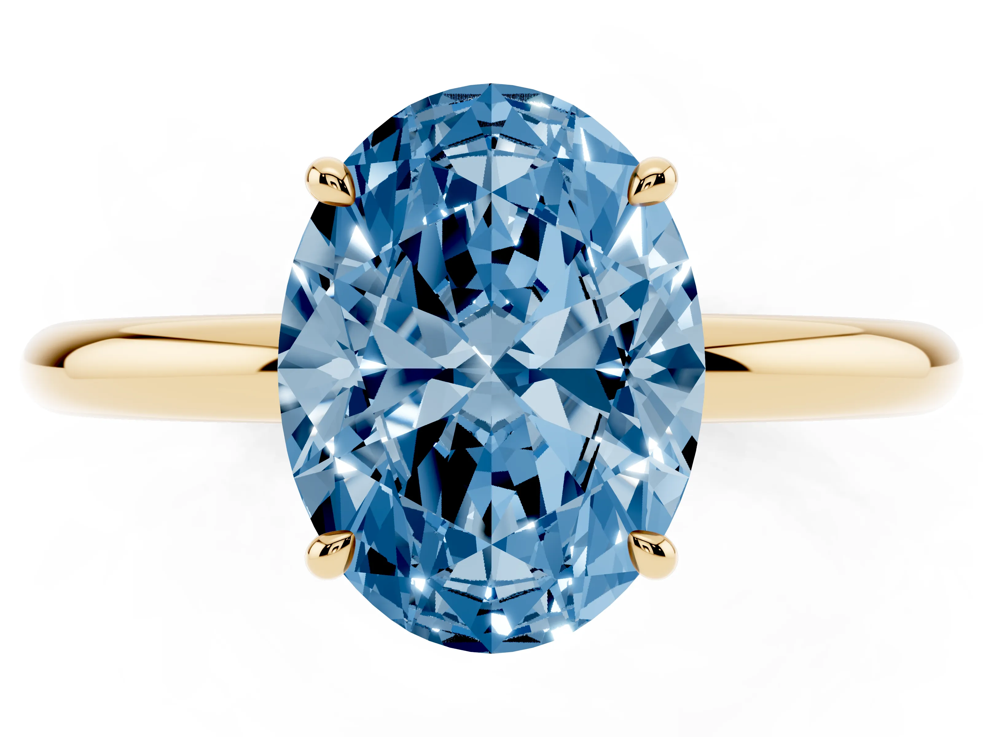 Fancy Blue Oval Cut Diamond Solitaire Ring Set in Yellow gold with Thin Band and Prong Setting