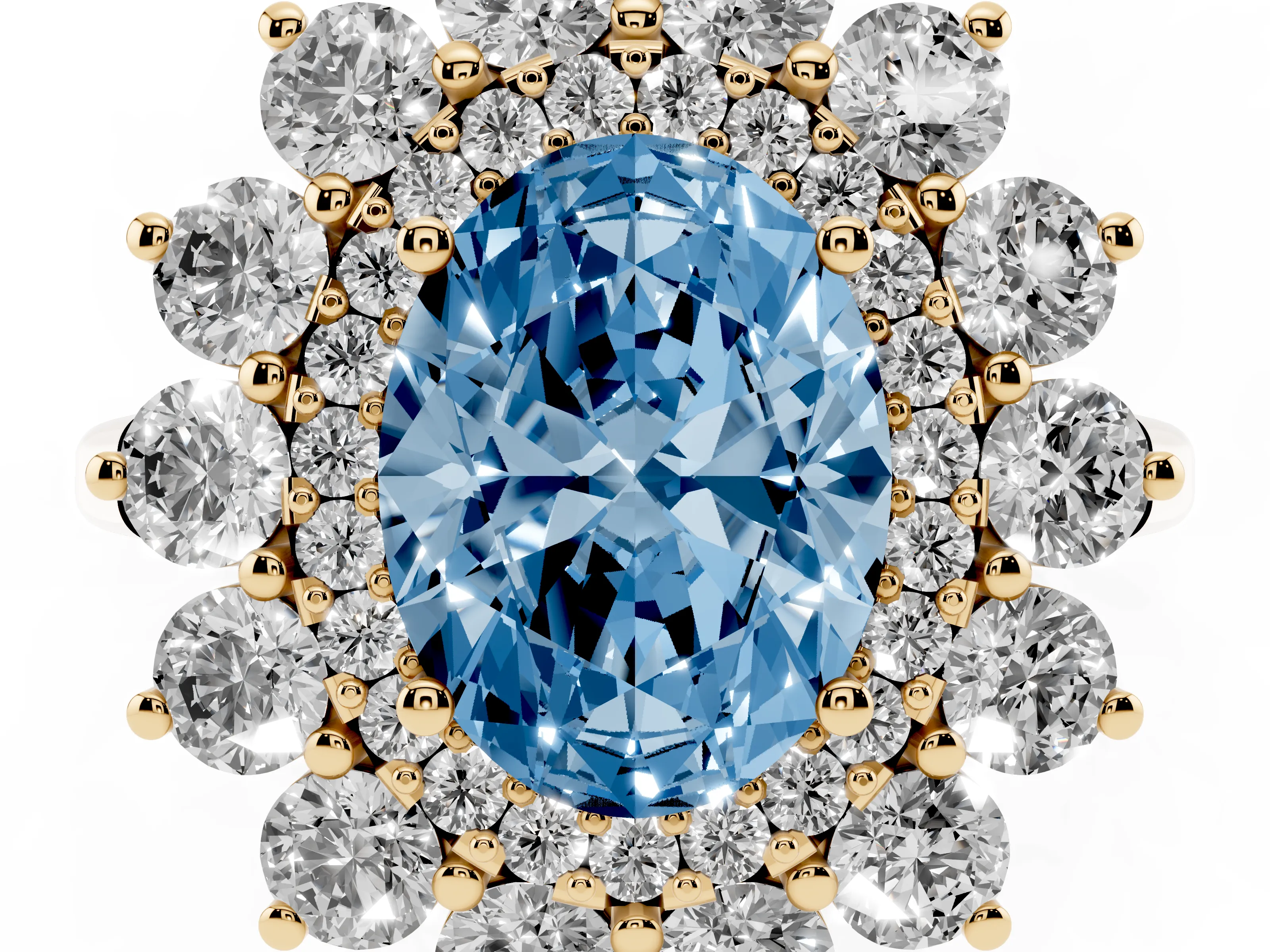 Fancy Blue Oval Cut Diamond Floral Double Halo Ring Set in Yellow gold with Round Petals