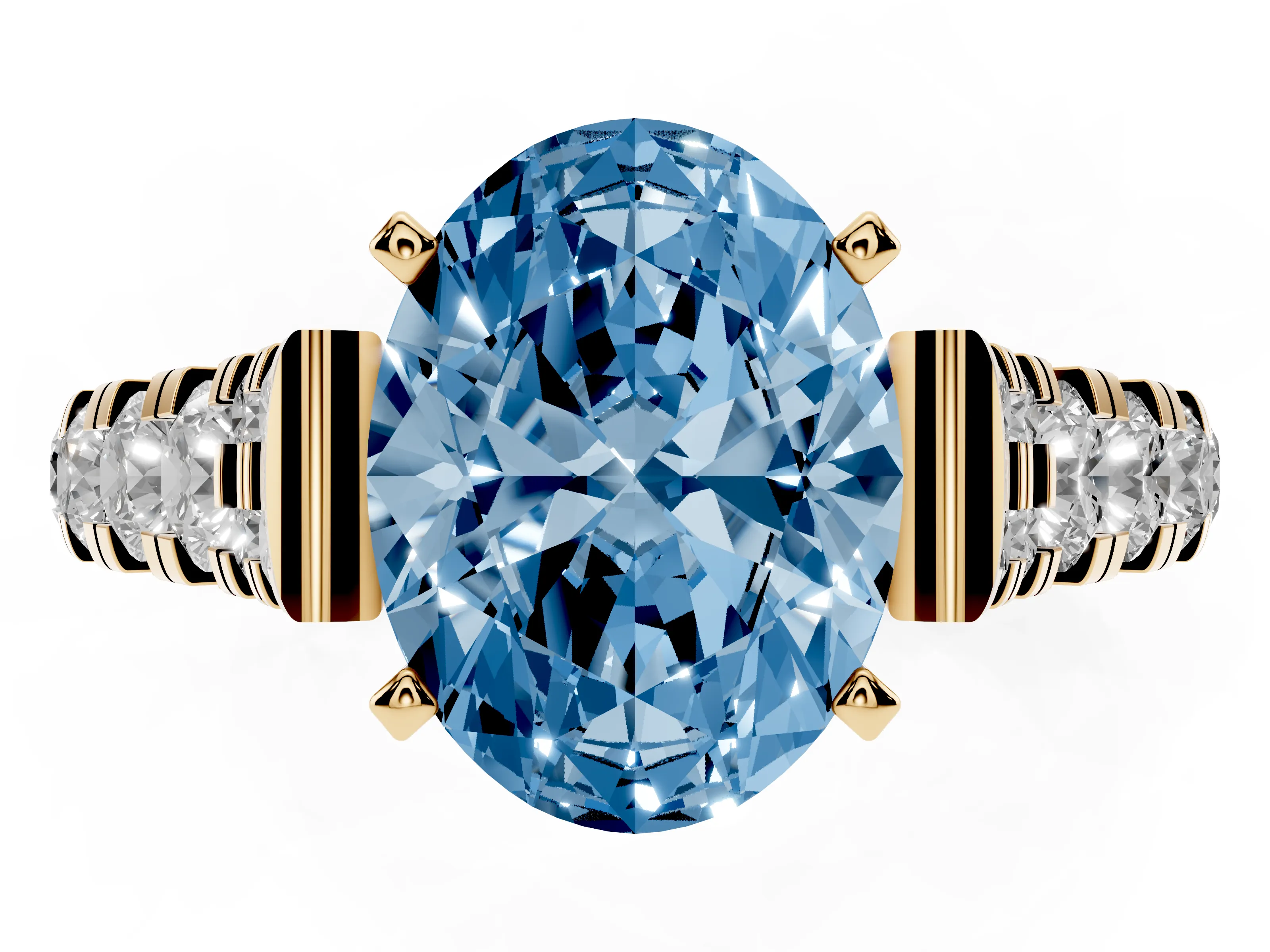 Fancy Blue Oval Cut Diamond Classic Solitaire Ring Set in Yellow gold with Pavé Band and Prong Setting