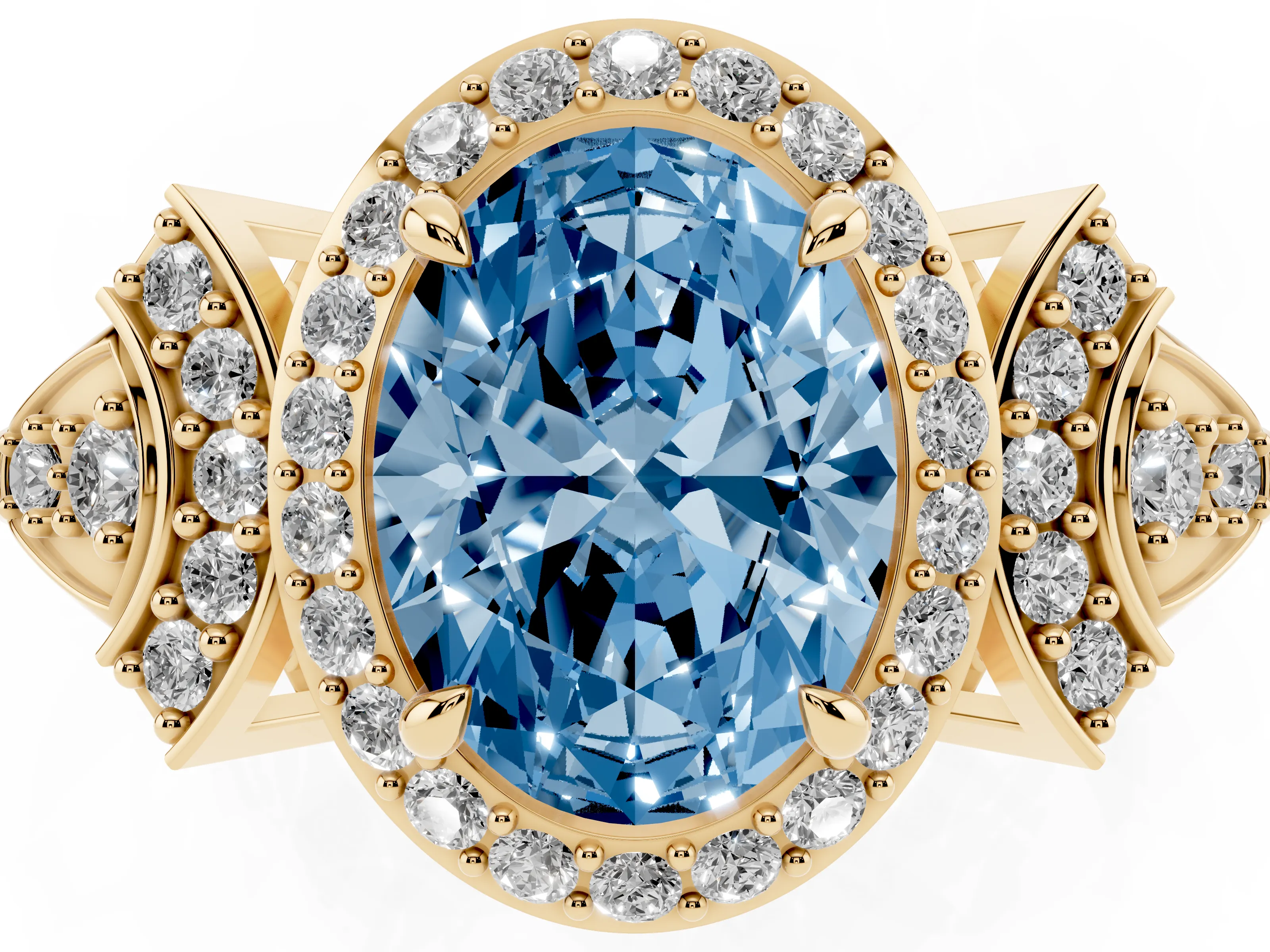 Fancy Blue Oval Cut Diamond Halo Engagement Ring Set in Yellow gold with Accent Stone Split Shank