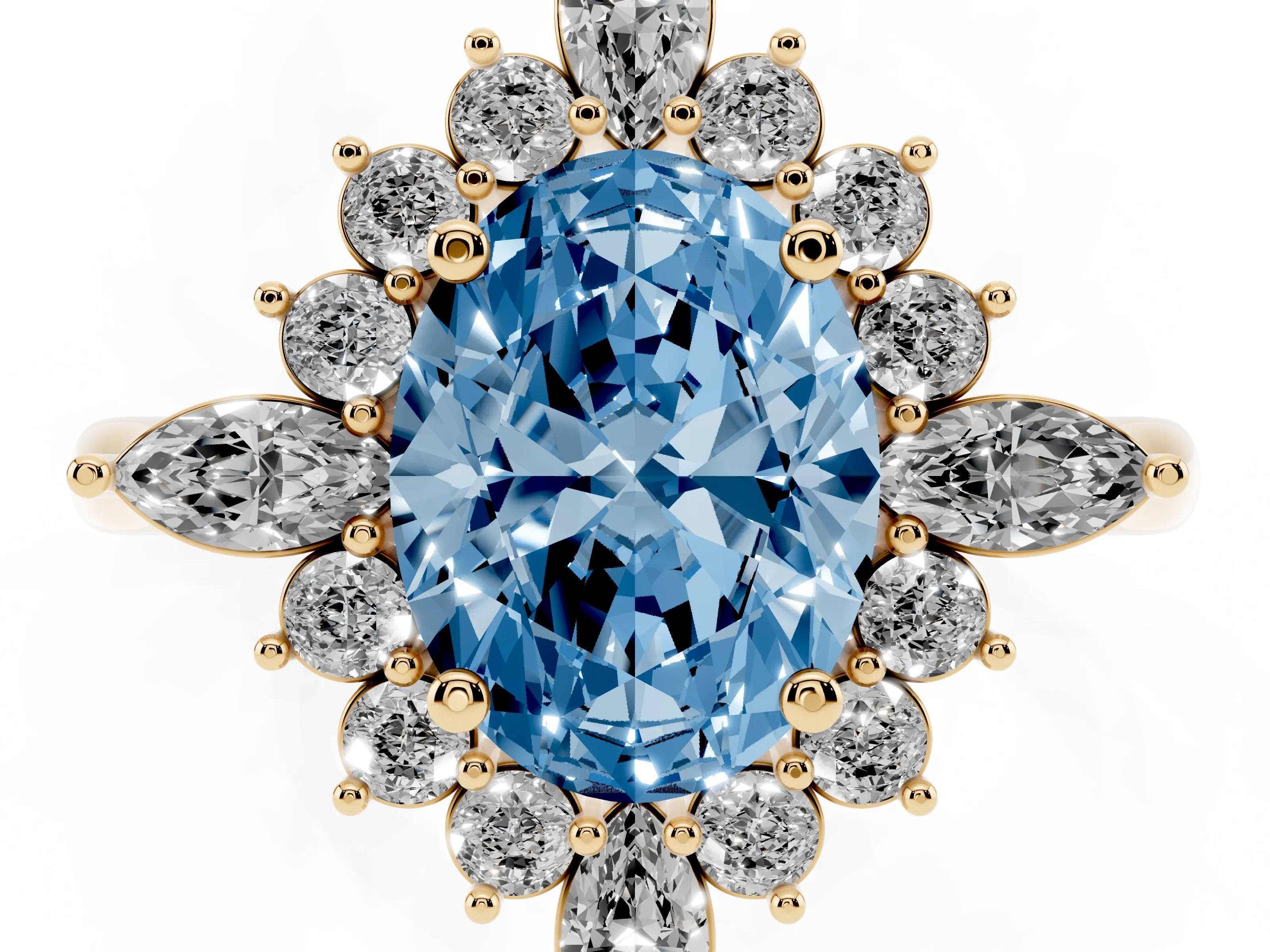 Fancy Blue Oval Cut Diamond Cluster Halo Ring Set in Yellow gold with Marquise and Round Accents