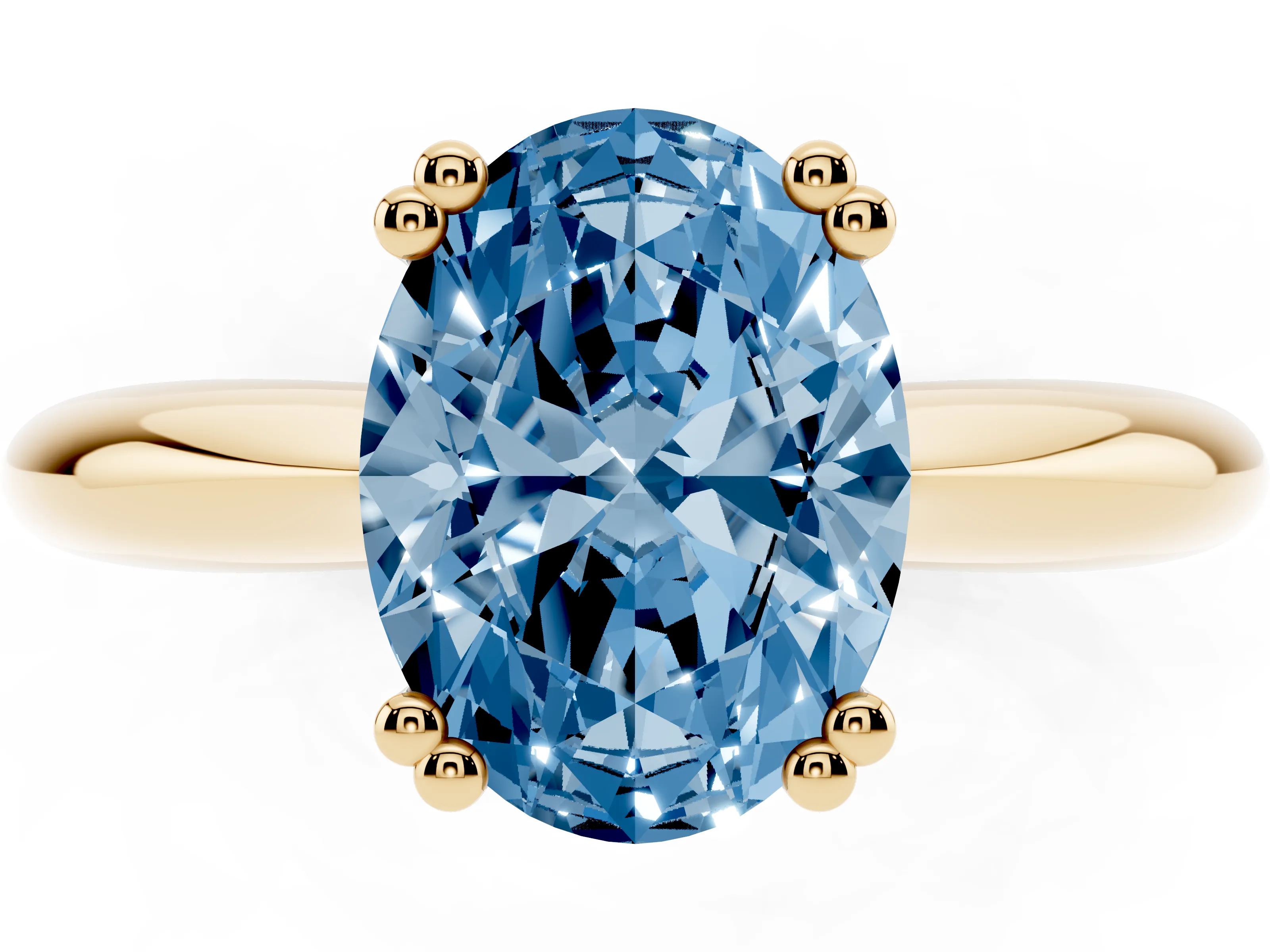 Fancy Blue Oval Cut Diamond Solitaire Engagement Ring Set in Yellow gold with Tapered Band and Prong Setting