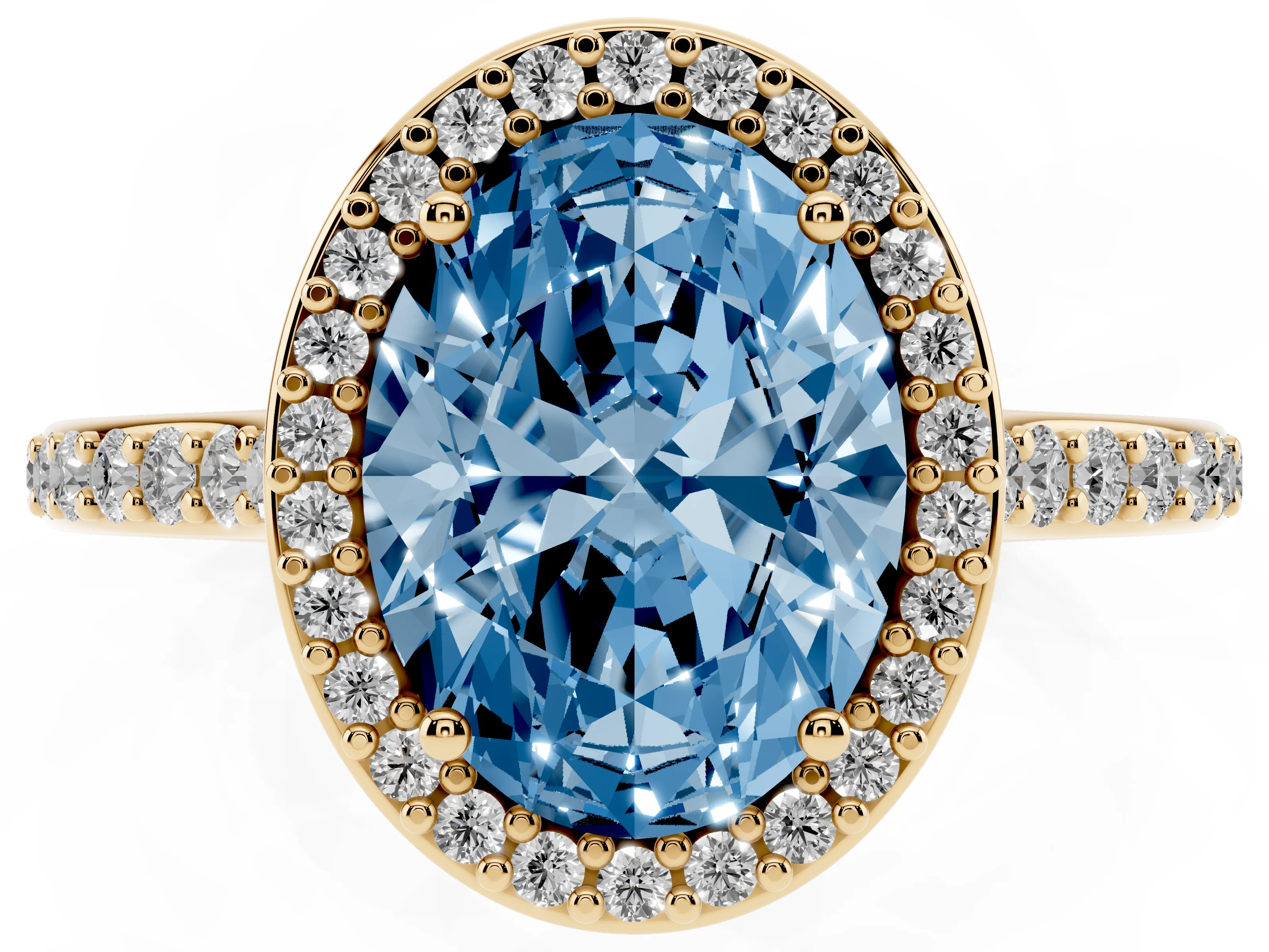 Fancy Blue Oval Cut Diamond Halo Engagement Ring Set in Yellow gold with Round Pavé Shoulders and Heart Gallery