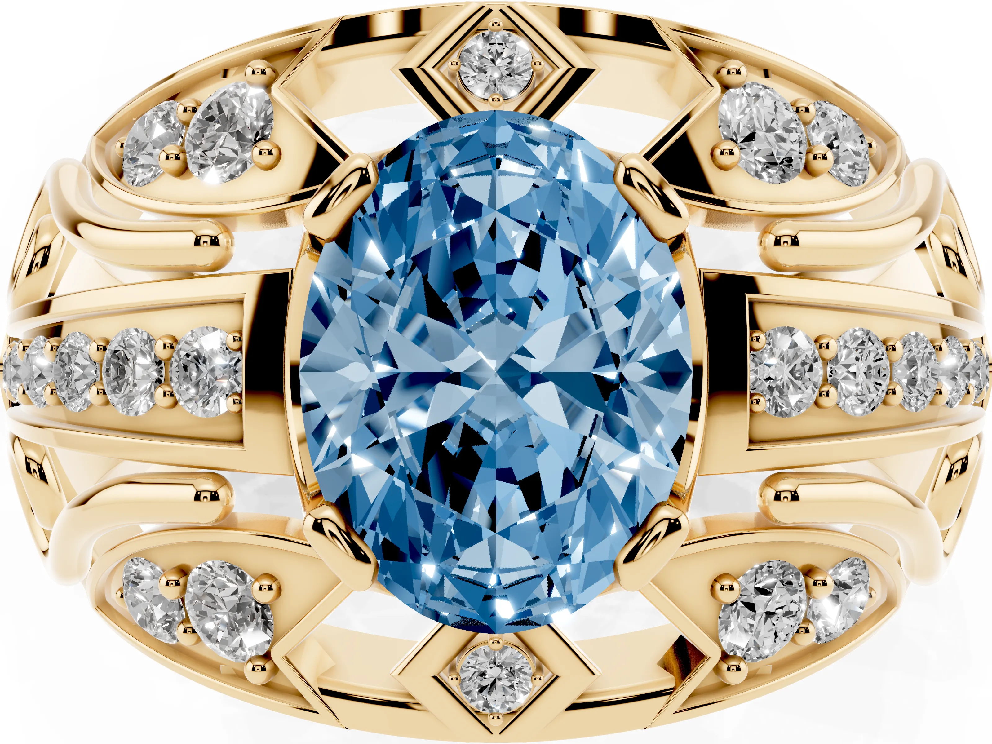 Fancy Blue Oval Cut Diamond Art Deco Ring Set in Yellow gold with Pavé Split Shank