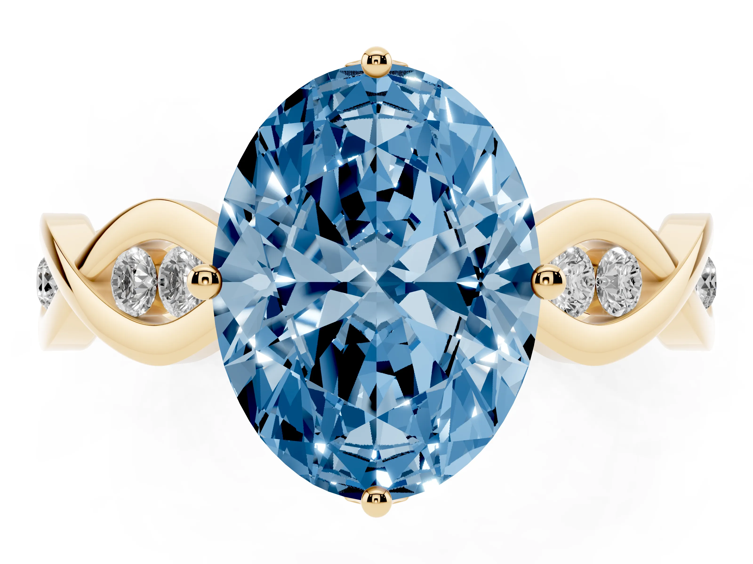 Fancy Blue Oval Cut Diamond Twist Band Solitaire Ring Set in Yellow gold with Leaf Prong Setting and Accent Stones