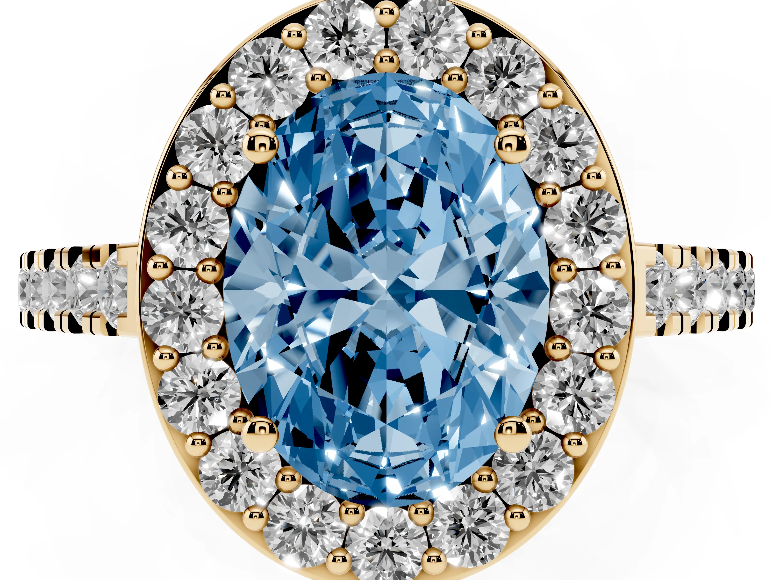 Fancy Blue Oval Cut Diamond Halo Ring Set in Yellow gold with Round Pavé Split Shank and Prong Setting