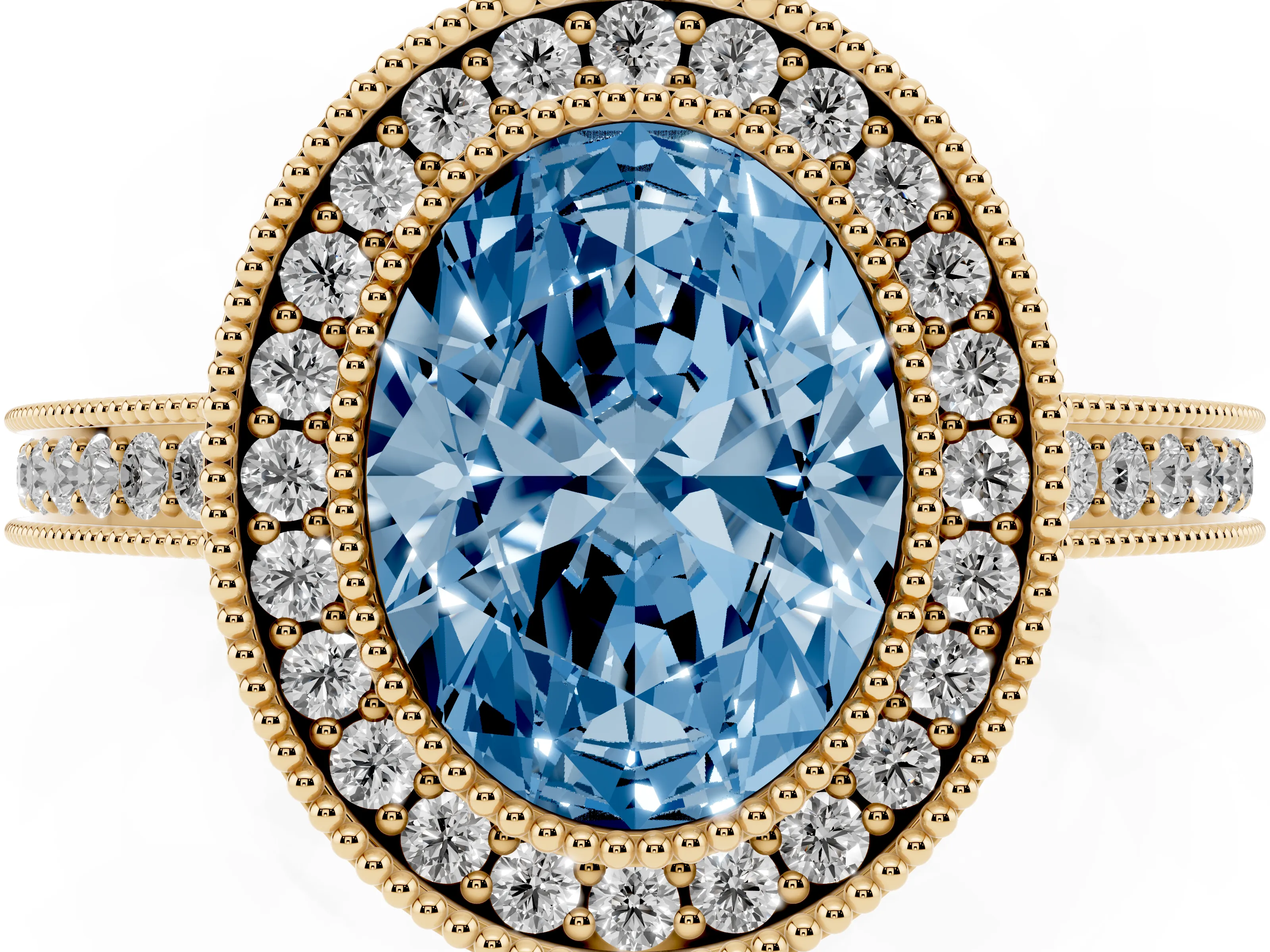 Fancy Blue Oval Cut Diamond Halo Ring Set in Yellow gold with Pavé Band and Milgrain-Edged Prongs