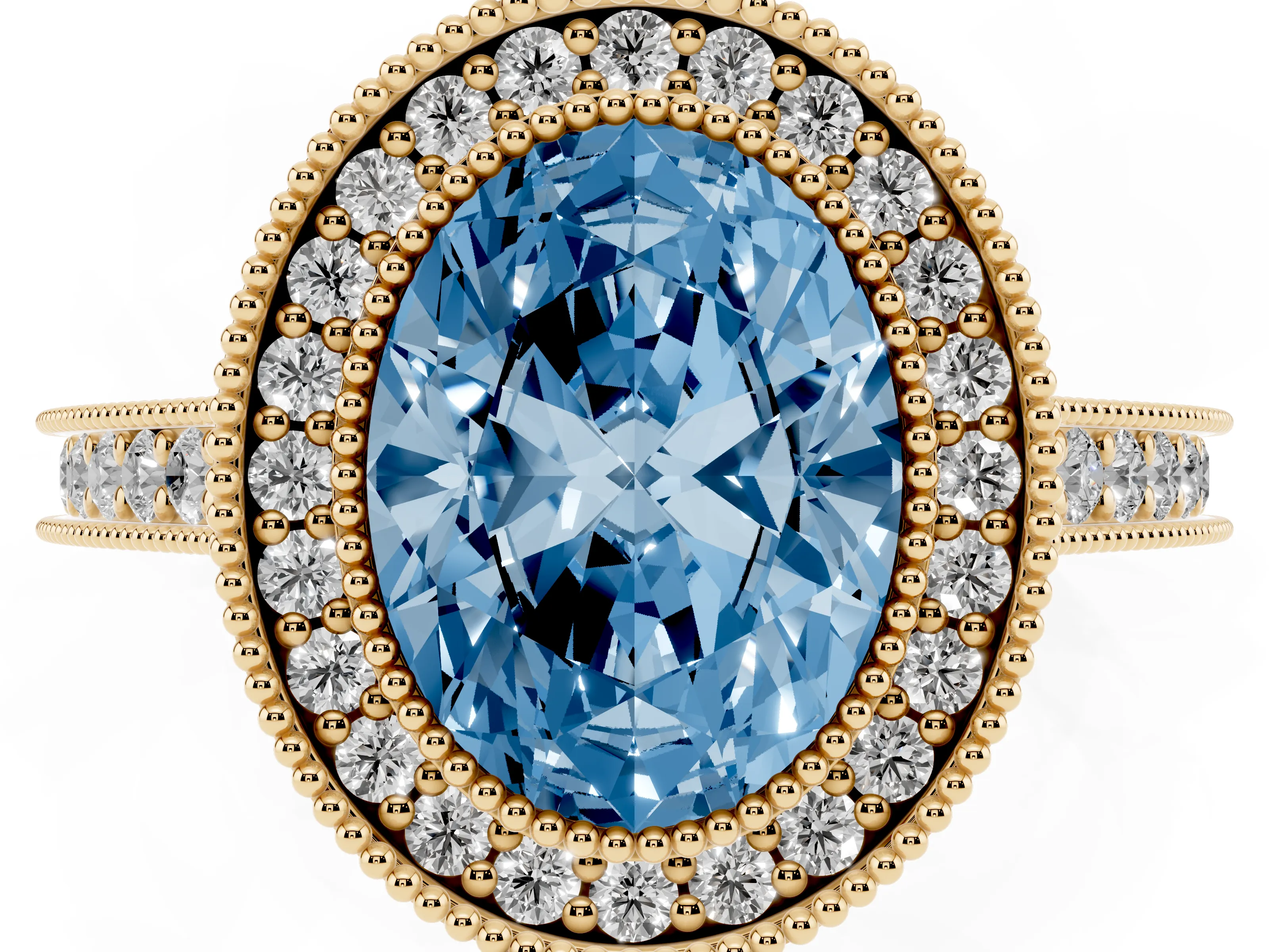 Fancy Blue Oval Cut Diamond Halo Milgrain Pavé Band Ring Set in Yellow gold with Prong Setting