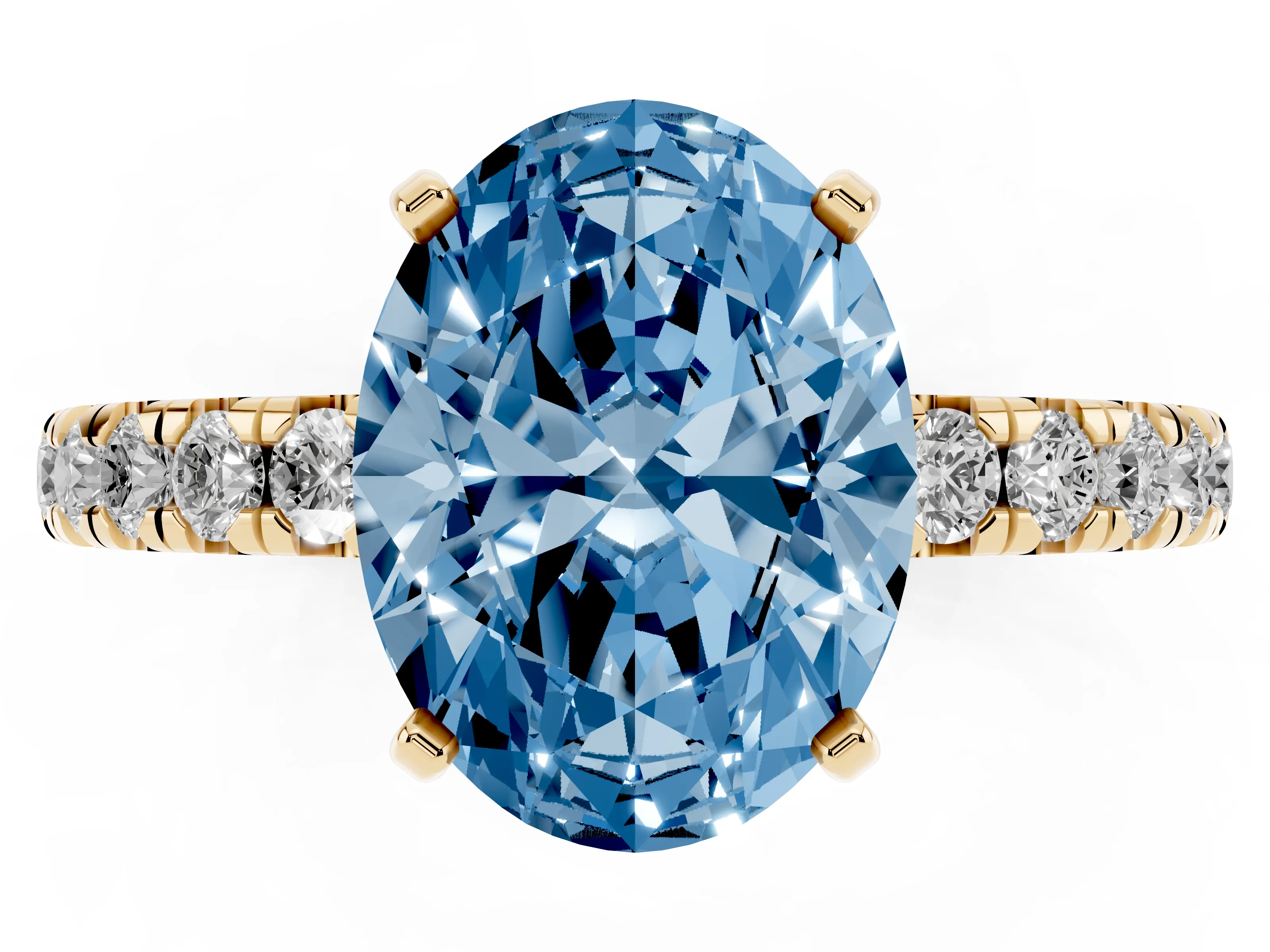 Fancy Blue Oval Cut Diamond Pavé Solitaire Ring Set in Yellow gold with Round Band and Prong Setting