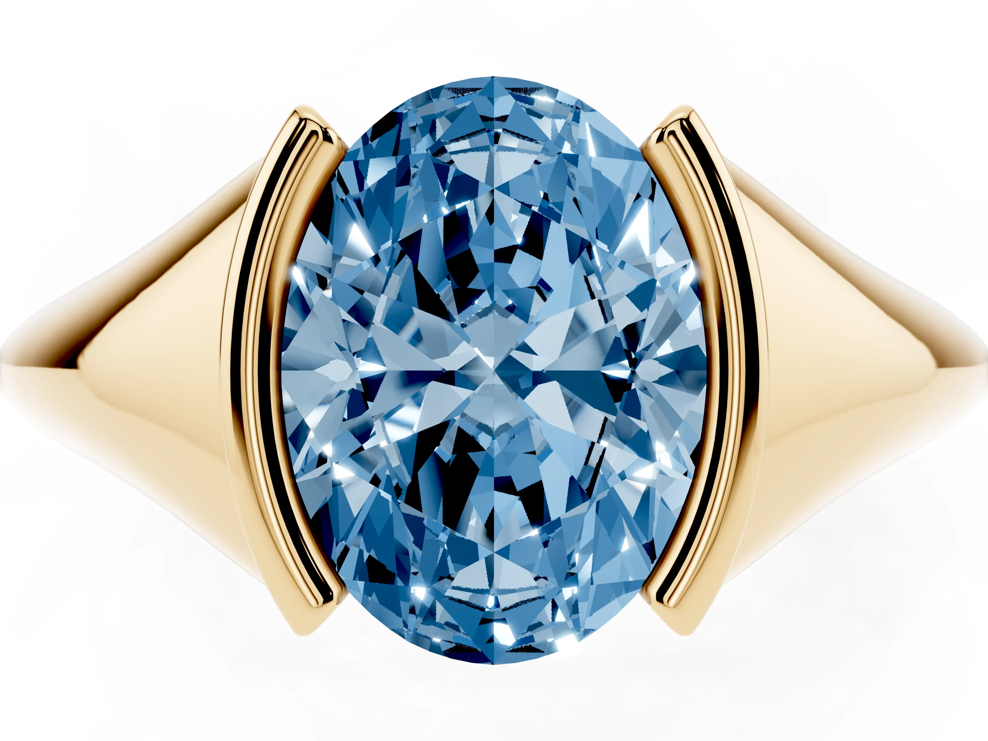 Fancy Blue Oval Cut Diamond Solitaire Tension Set Ring Set in Yellow gold