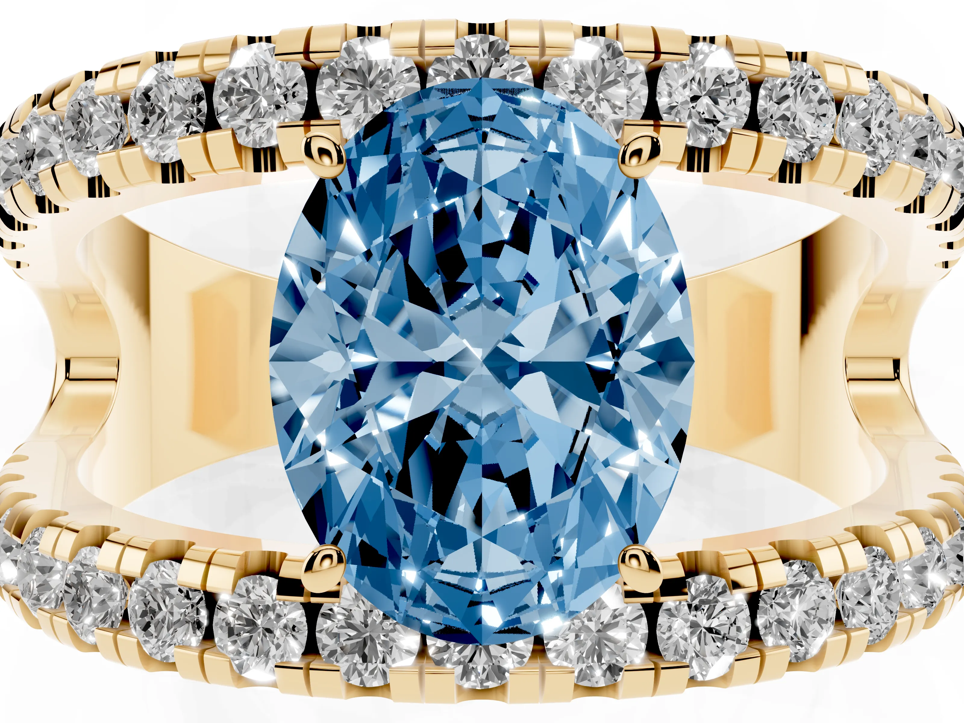 Fancy Blue Oval Cut Diamond Split Shank Pavé Solitaire Ring Set in Yellow gold with Open Shank Design